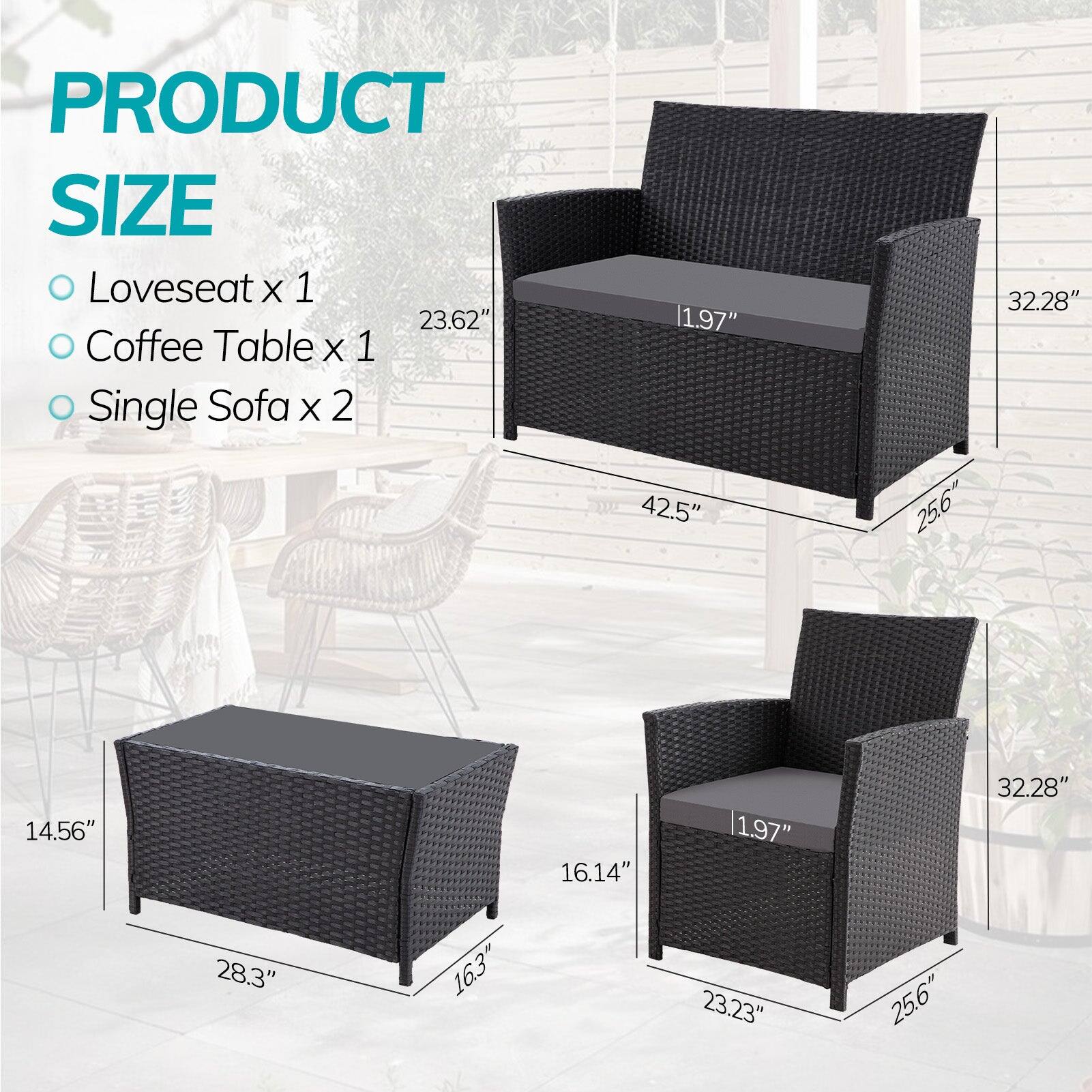 PRODUCT SIZE  
- Loveseat x 1  
- Coffee Table x 1  
- Single Sofa x 2  

Dimensions:  
- Loveseat: 42.5" W x 32.28" D x 23.62" H  
- Coffee Table: 28.3" W x 16.3" D x 14.56" H  
- Single Sofa: 25.6" W x 16.14" D x 32.28" H