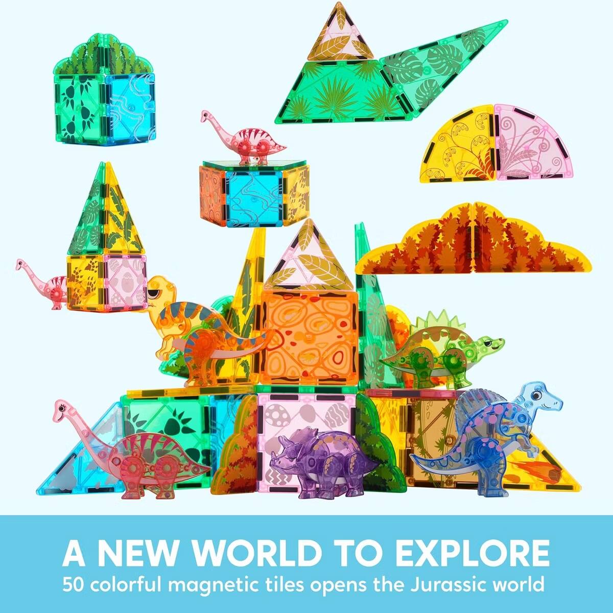 A NEW WORLD TO EXPLORE  
50 colorful magnetic tiles opens the Jurassic world