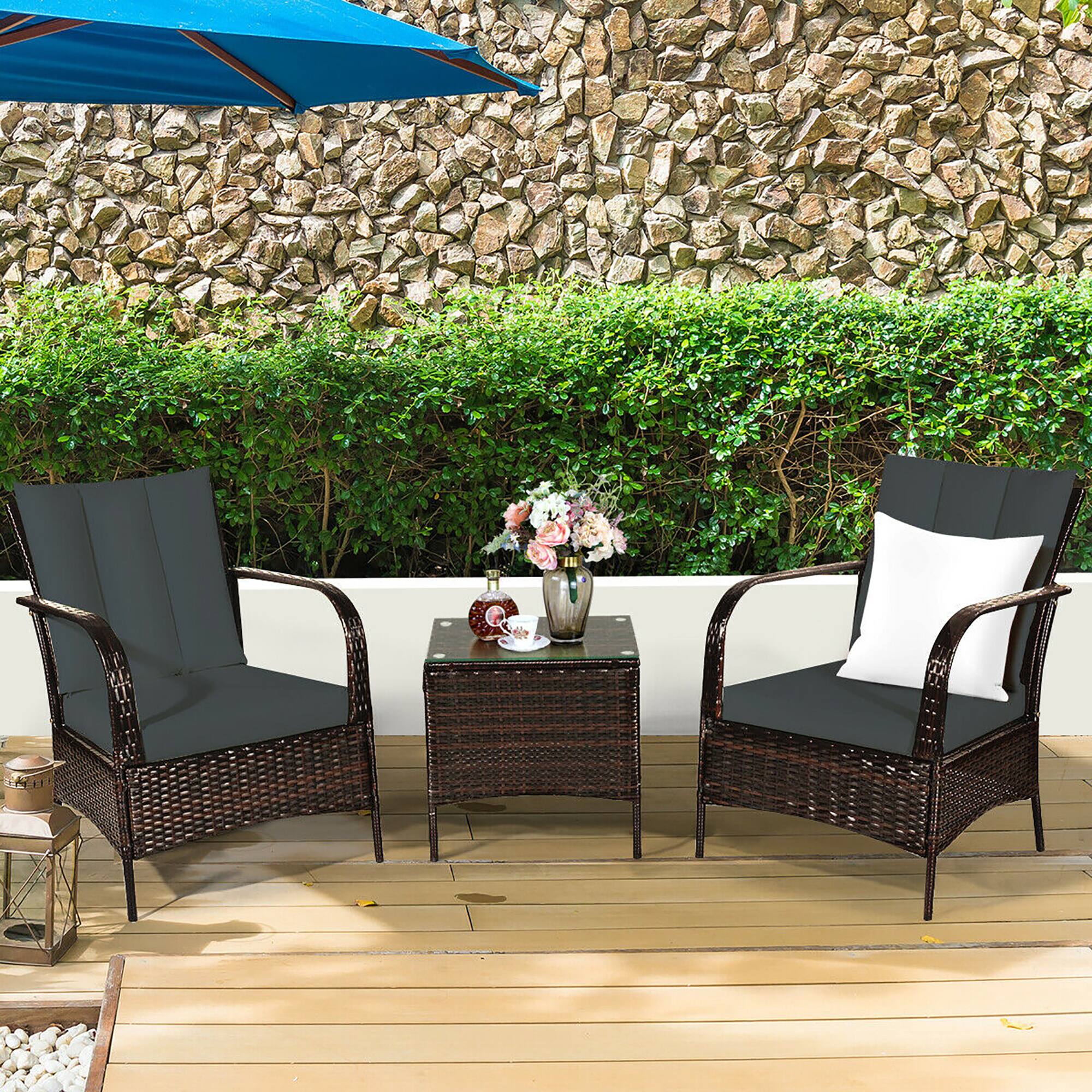 Alt View 3. Costway - 3 PCS Patio Wicker Rattan Furniture Set Coffee Table & 2 Rattan Chair W/Cushions - Dark Gray.