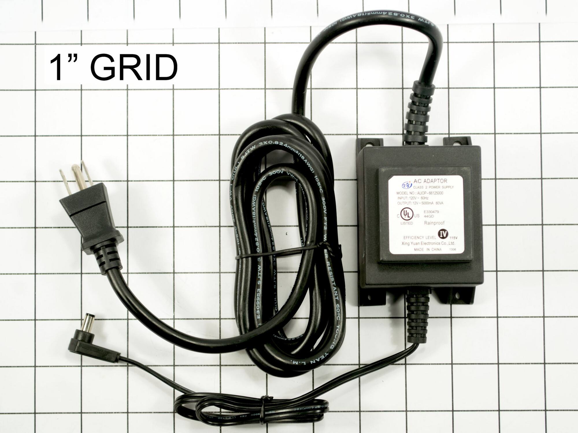 1" GRID

AC ADAPTOR  
CLASS 2 POWER SUPPLY  
MODEL NO: AUCP-B6T2500  
INPUT: 120V~ 60Hz  
OUTPUT: 12V-5A 60VA  
UL LISTED  
Rainproof  
EFFICIENCY LEVEL: IV  
MADE IN CHINA  

Xing Yu Electronics Co., Ltd.