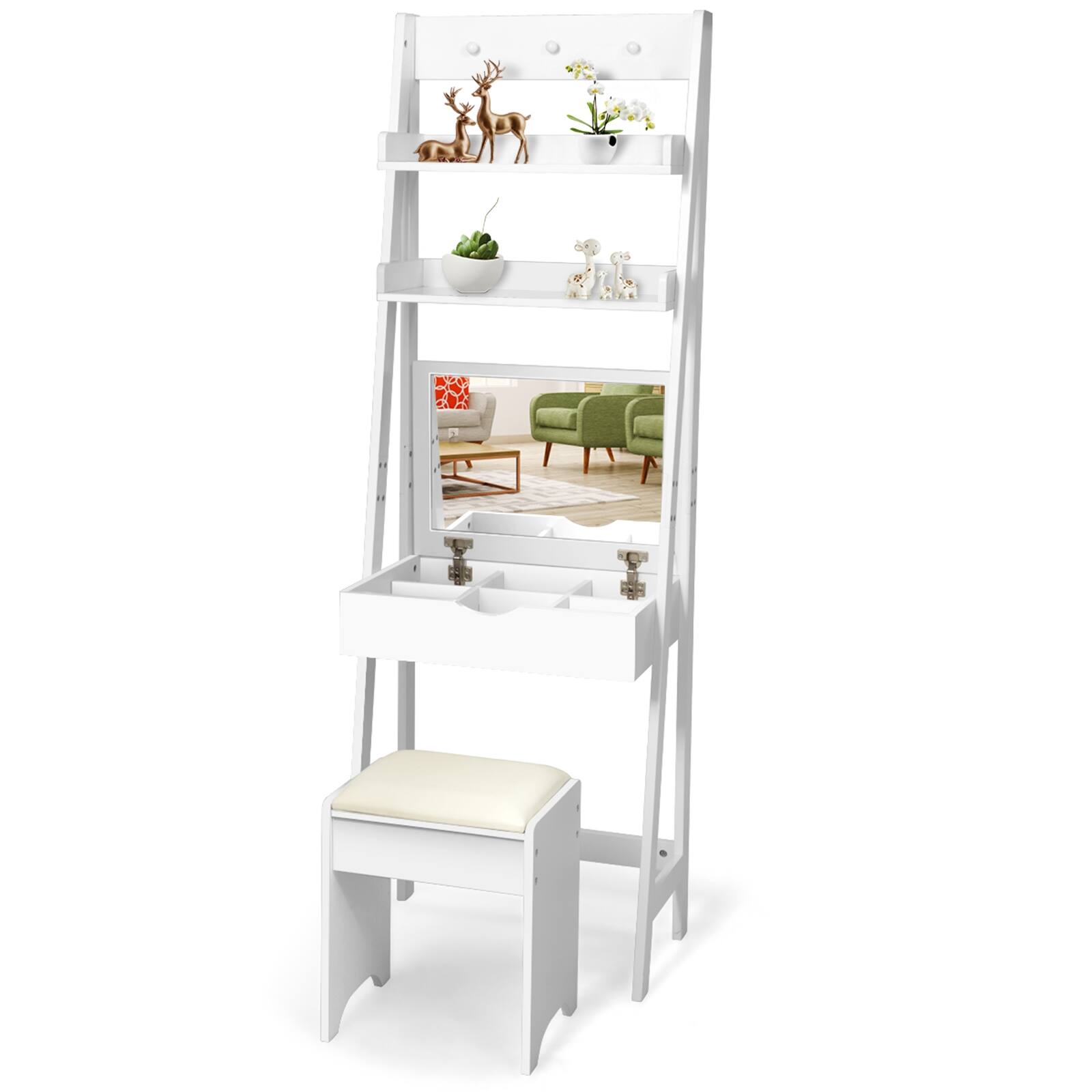 Front. Ecooso - 3-in-1 Makeup Vanity Table with Flip Mirror, Open Shelf and Multiple Organizer Compartments - White.