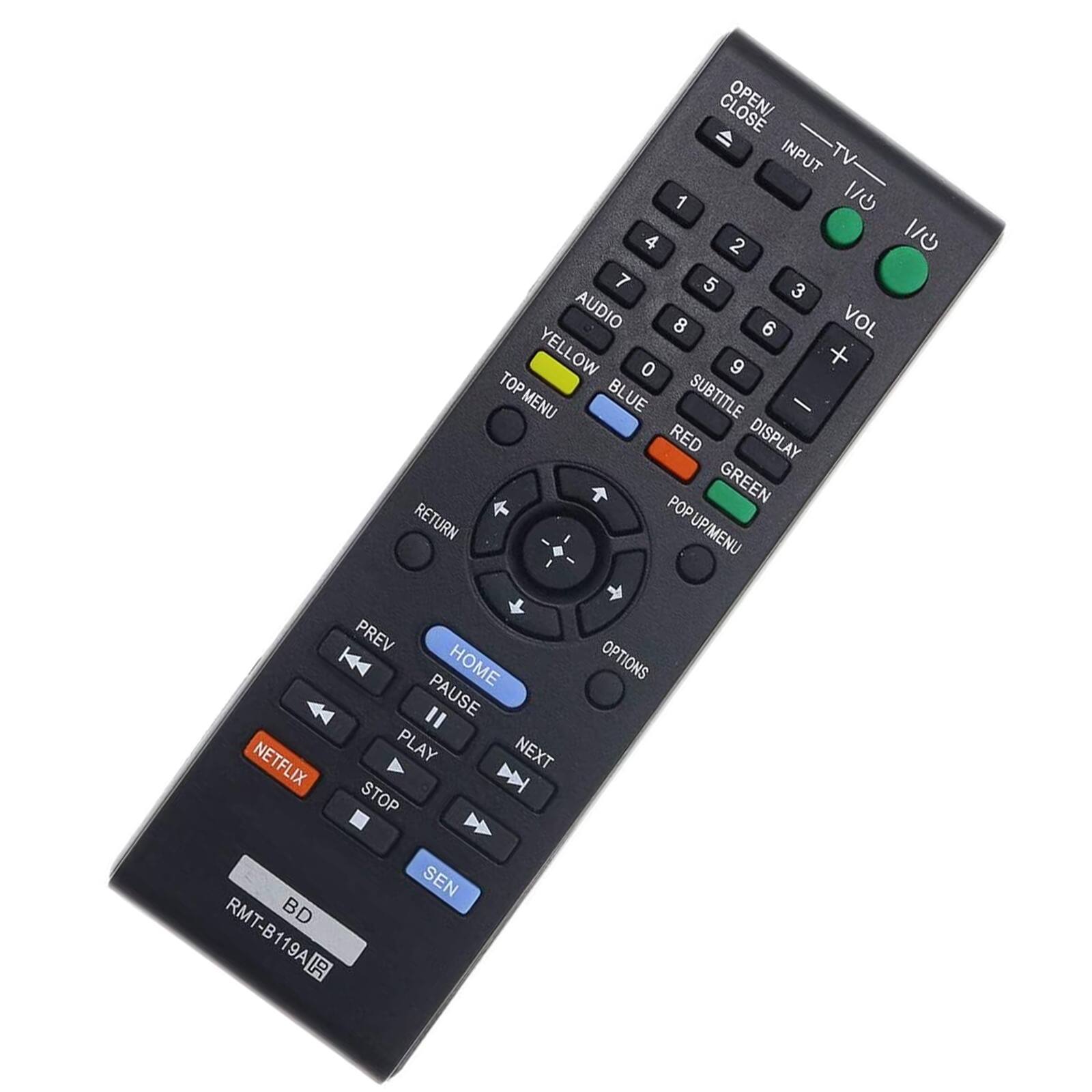 RETURN OPEN/CLOSE  
INPUT TV 1 2 3 4 5 6 7 8 9 0 + VOL -  
AUDIO YELLOW BLUE RED GREEN SUBTITLE DISPLAY  
TOP MENU POP UP/MENU  
NETFLIX PREV HOME PAUSE PLAY NEXT STOP OPTIONS  
RMT BD  
RMT-B119A