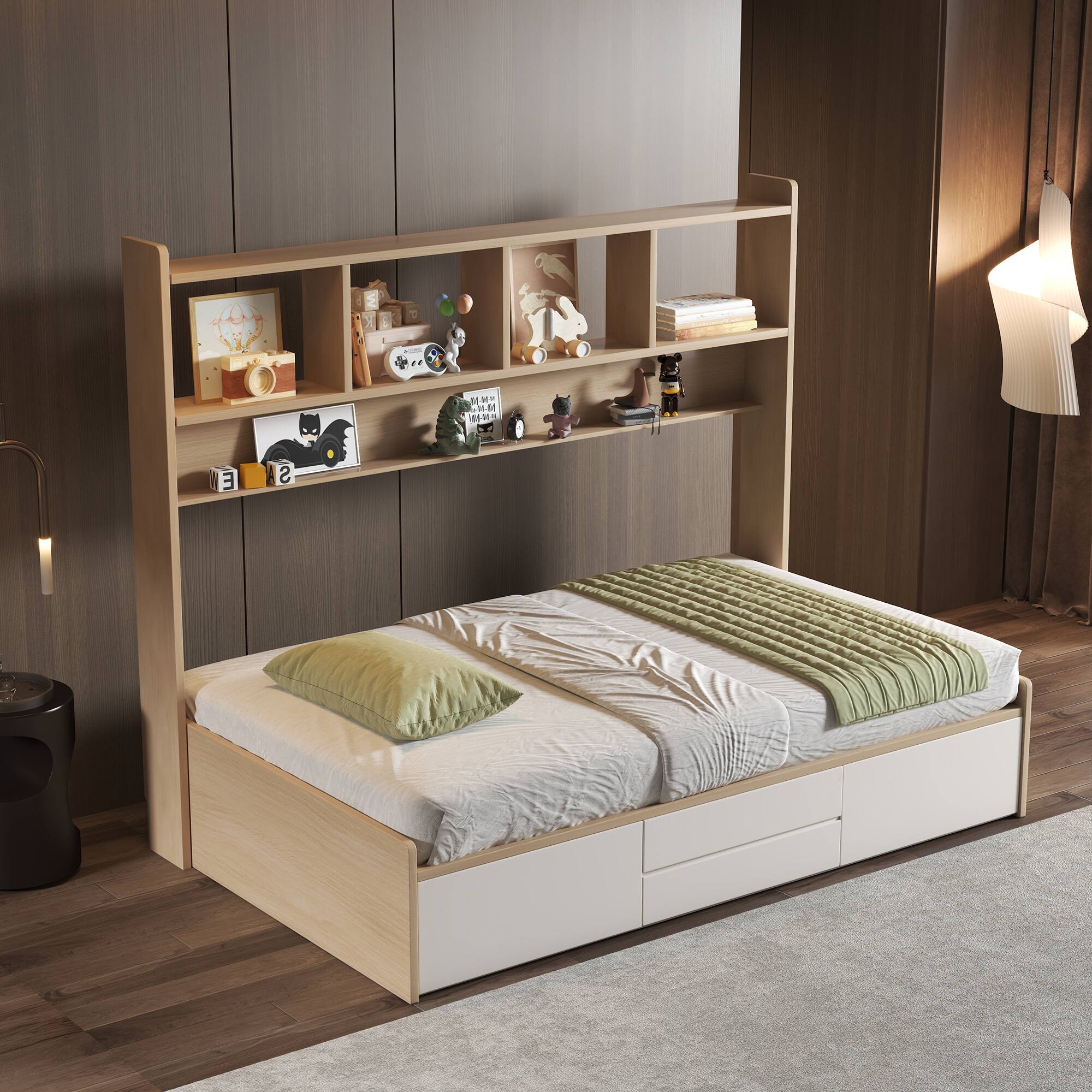 Angle. luck idea - 83.85" Kids' Bed with Four Drawers and Bookshelf - Natural Color.