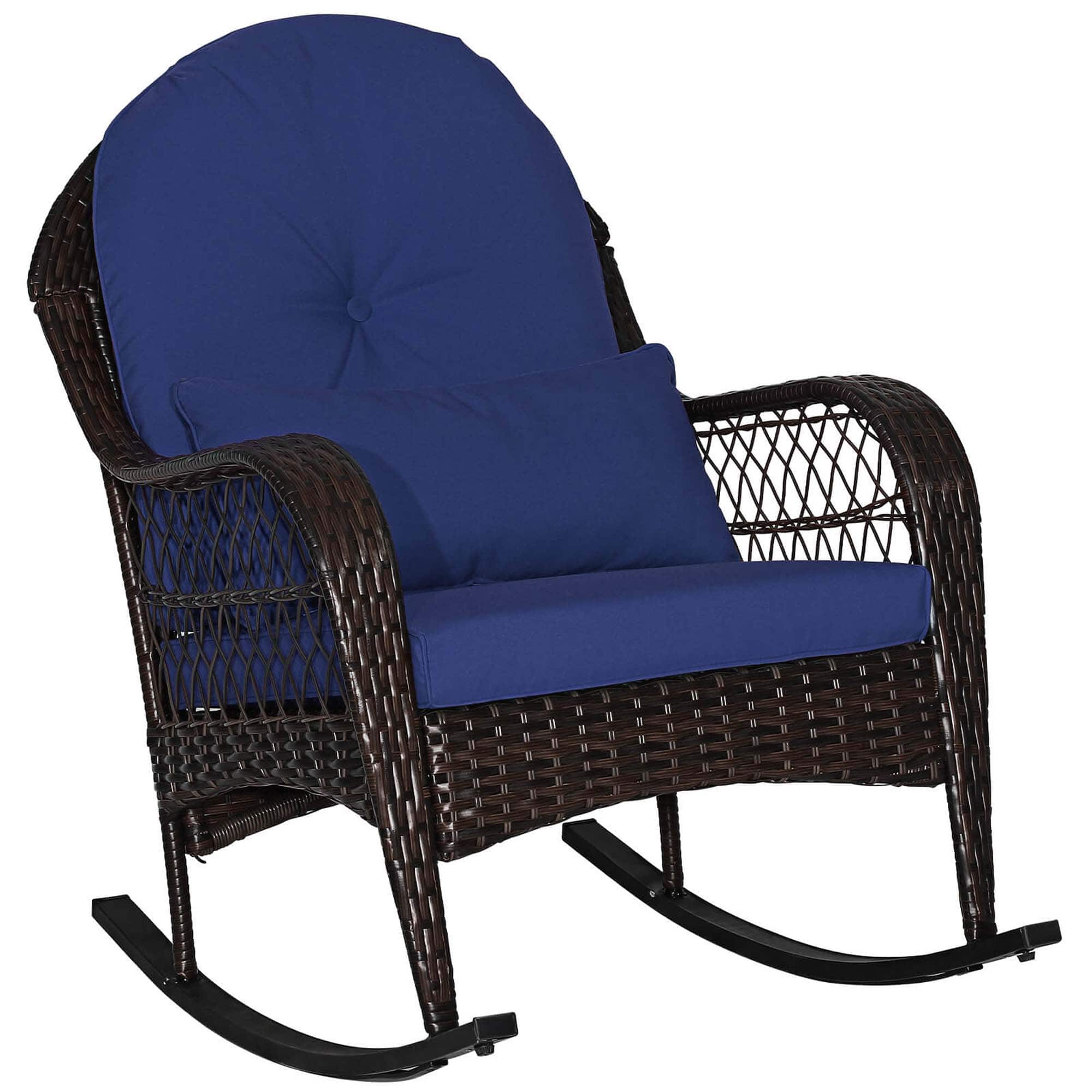 Front. Costway - Patio Wicker Rocking Chair with Seat Back Cushions & Lumbar Pillow Porch - Mix Brown + Navy.