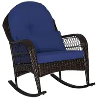 Costway Patio Wicker Rocking Chair with Seat Back Cushions & Lumbar Pillow Porch - Mix Brown + Navy - Front_Zoom