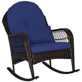Costway - Patio Wicker Rocking Chair with Seat Back Cushions & Lumbar Pillow Porch - Mix Brown + Navy