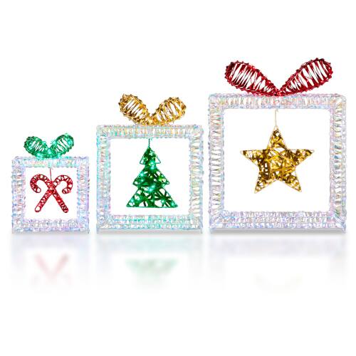 Front. Winado - 3 PCS Christmas Lighted Iridescent Cut-out Gift Box with Light Bulb for Christmas Holiday Decoration - Multicolor.