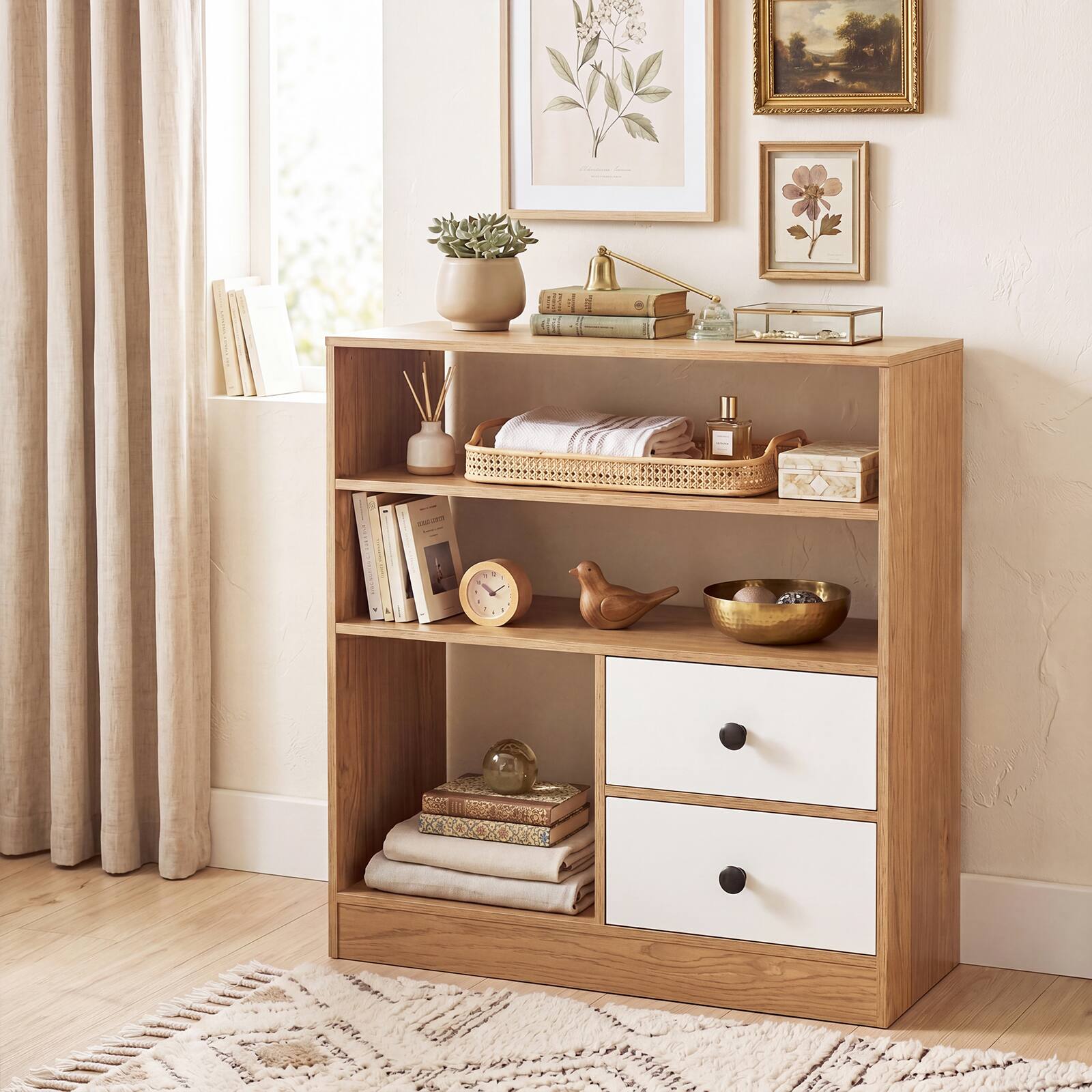 Alt View 4. Costway - Costway Open Storage Cabinet with 3 Open Compartments & 2 Detachable Fabric Drawers - Natural.