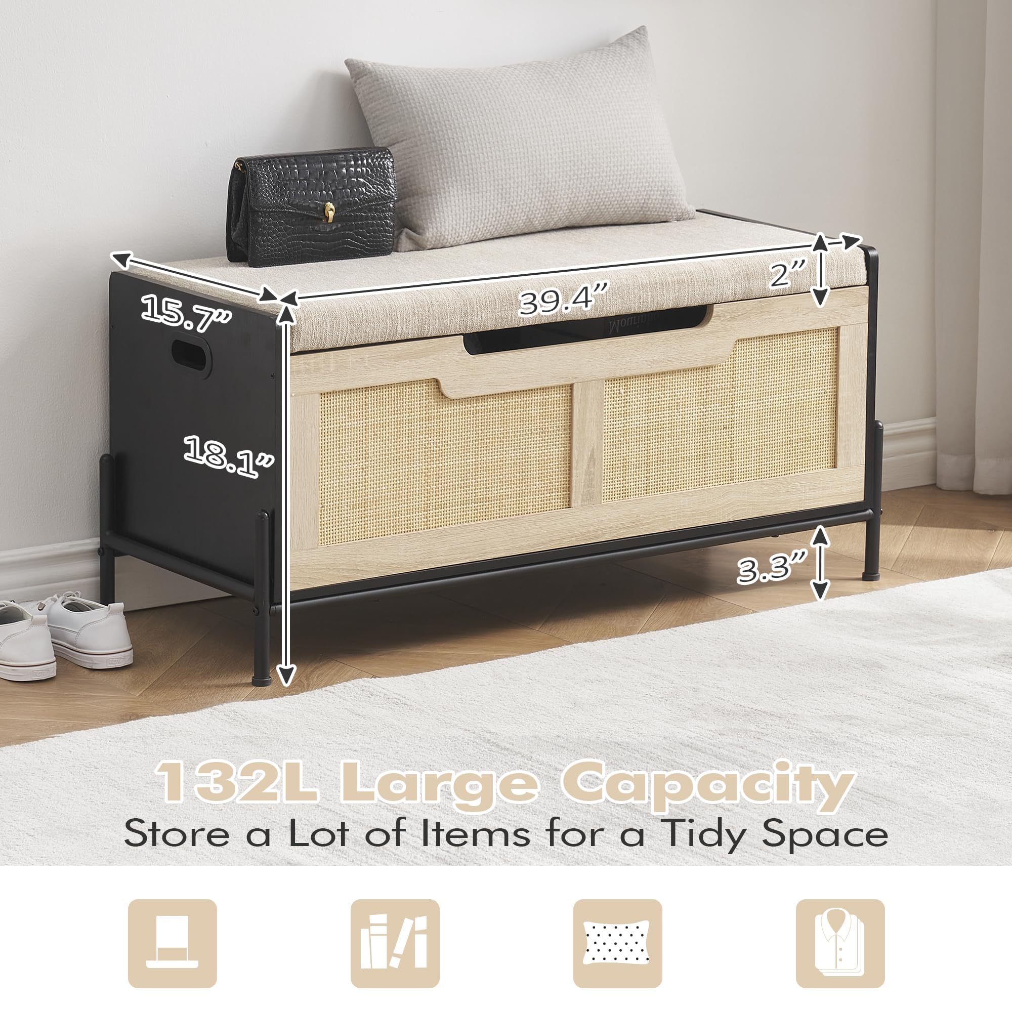 15.7" x 39.4" x 2" x 18.1" x 3.3"  
132L Large Capacity  
Store a Lot of Items for a Tidy Space