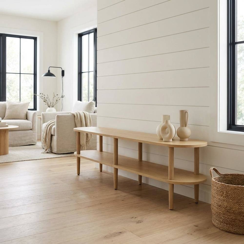 Left. FurniFact - Brown wood TV stand with solid mango construction and oval design - Brown.