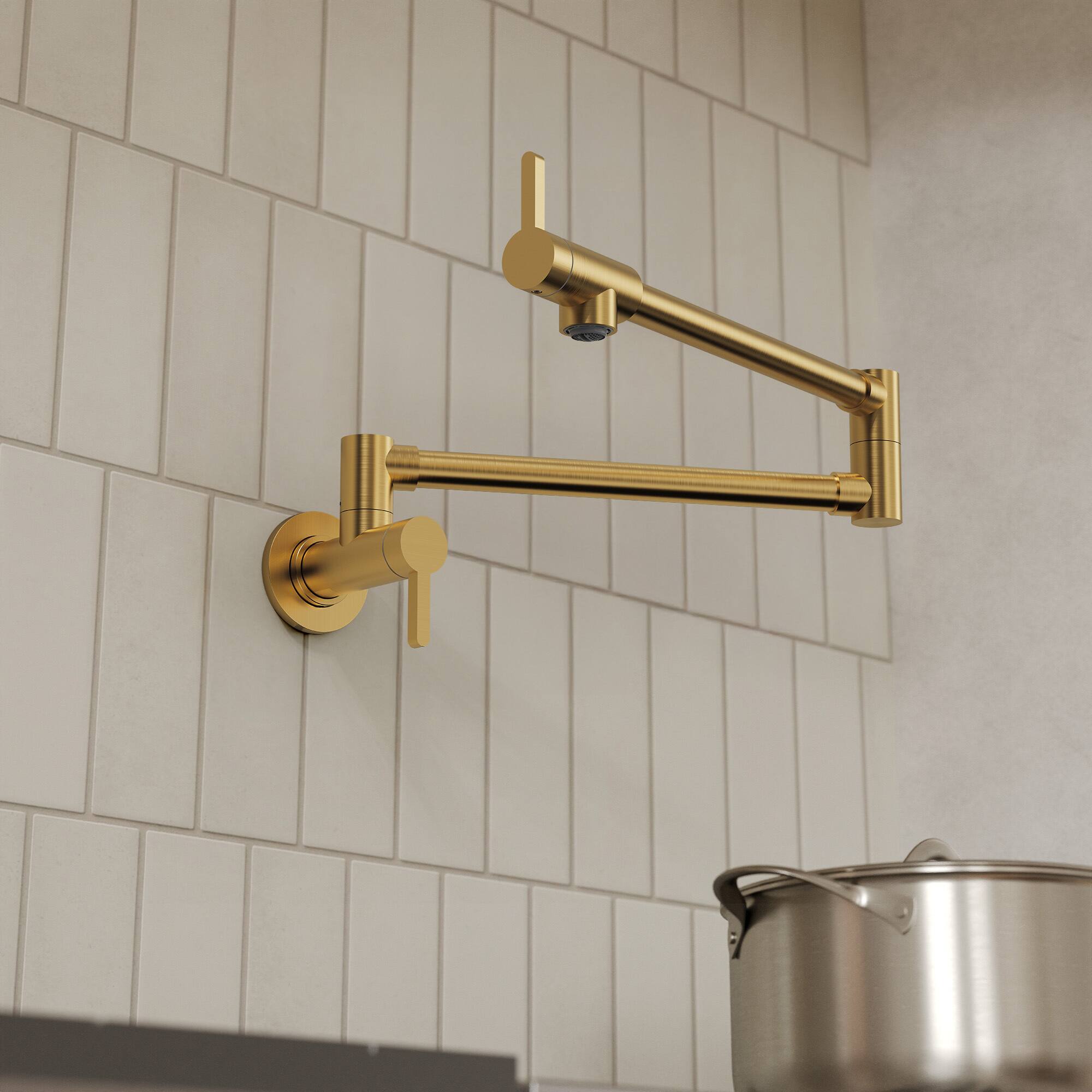 Alt View 7. GRANDJOY - Wall Mount Pot Filler Faucet, Dual Swing Joints Foldable Spout, Solid Brass for Kitchen Stove - Brushed Gold.