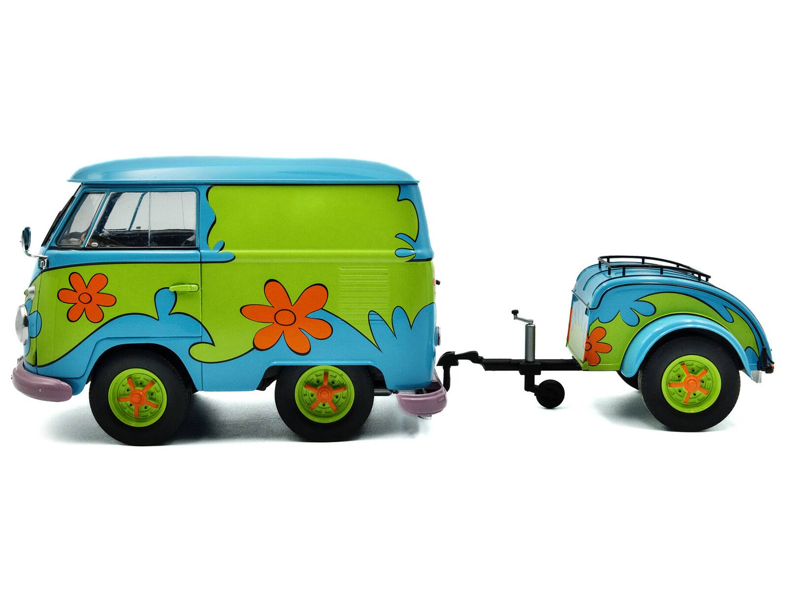 Alt View 2. Solido - 2024 Volkswagen Kool Kombi Van with Trailer "Ghost Hunter" Blue and Green with Graphics 1/18 Diecast Model Car by Solido.