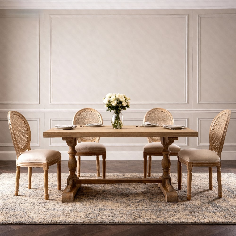 Loheer - French Style Dining Chair Rattan Back Linen Farmhouse Side Chair Solid Wood Set of 2 - Beige price history on PriceWatchPro