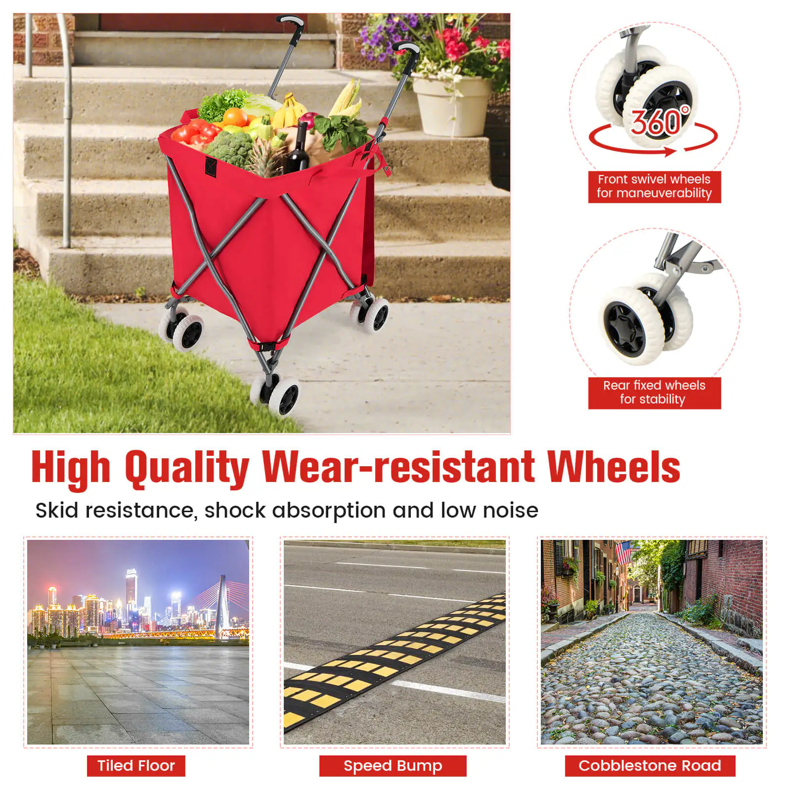 360° Front swivel wheels for maneuverability  
Rear fixed wheels for stability  

High Quality Wear-resistant Wheels  
Skid resistance, shock absorption and low noise  

Tiled Floor  
Speed Bump  
Cobblestone Road