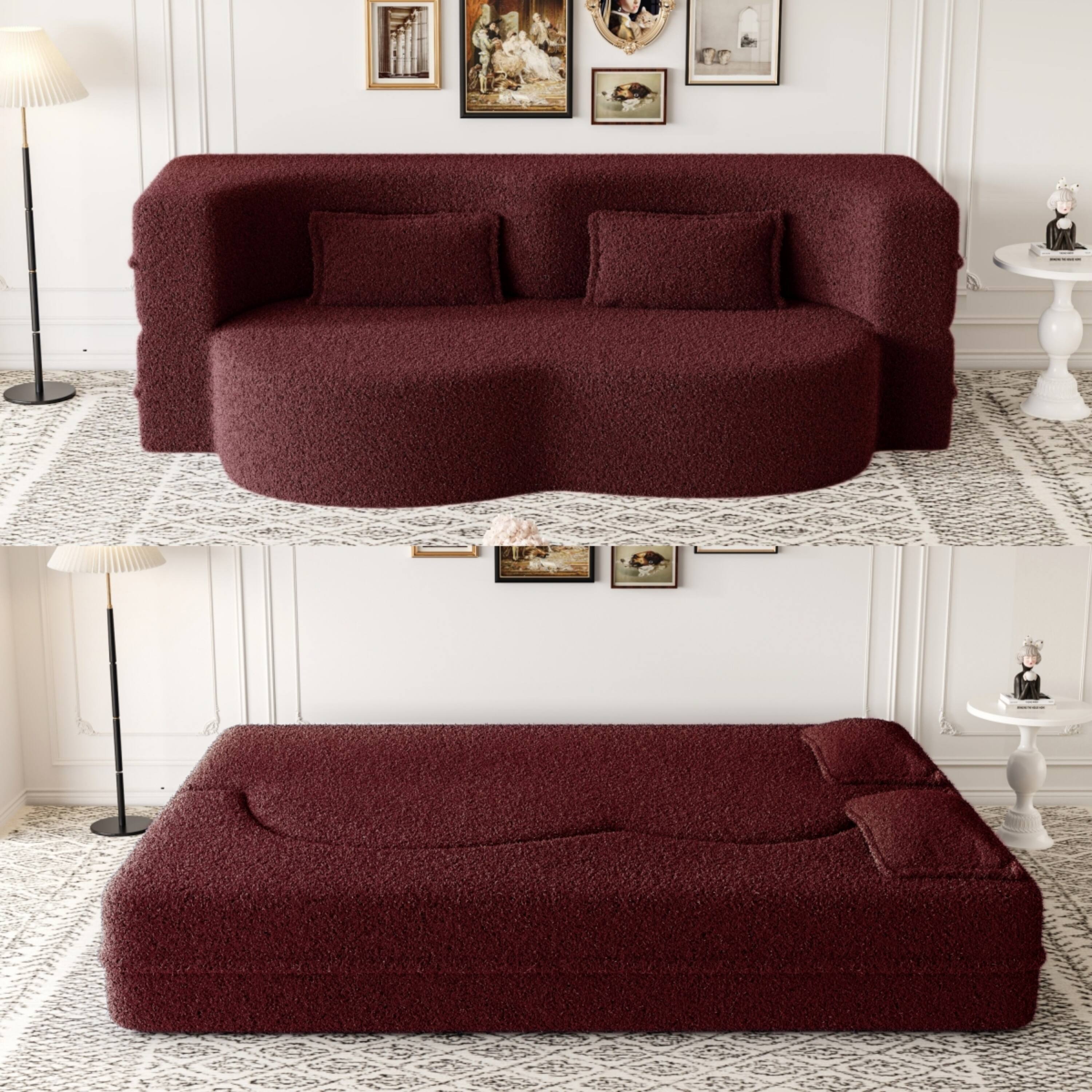 Back. Anysun - Modern Floor Sofa with 2 Pillows - Convertible Teddy Fabric Sleeper Bed, 15" Full Size Mattress, No Assembly Required - Burgundy.