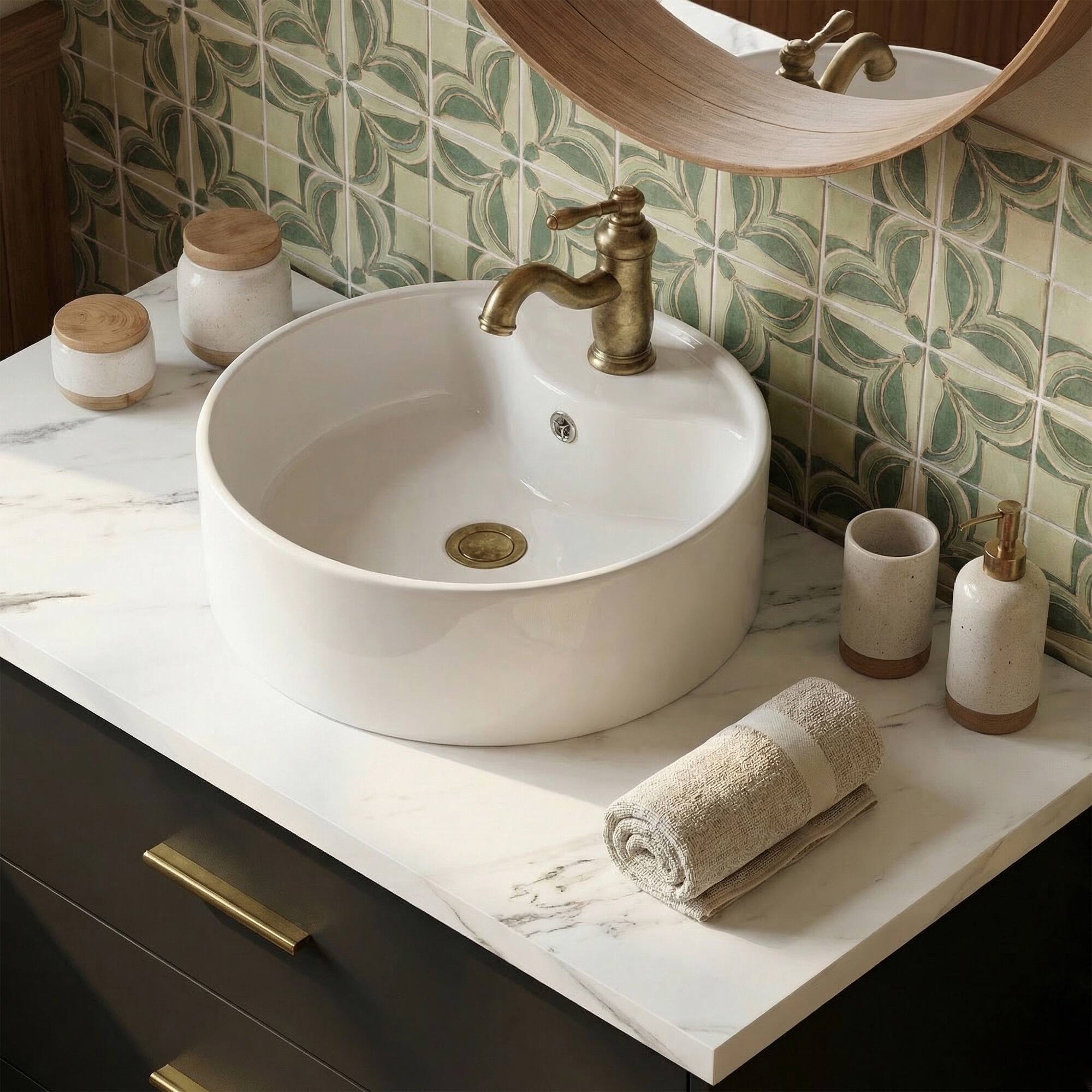 Alt View 1. FUFU & GAGA - Bathroom Vanity with Round Ceramic Vessel Sink – 31.5" Faux Marble Top, 3 Drawers, Gold Handles for Modern Bathroom - Black.