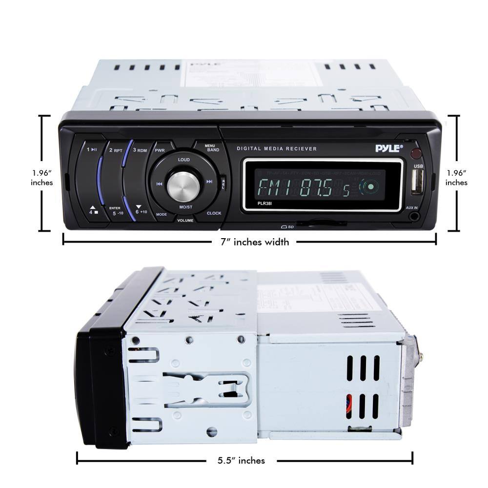 Sure, here is the corrected and grouped text:

- **Dimensions:**
  - 1.96" inches (height)
  - 7" inches (width)
  - 5.5" inches (depth)

- **Features:**
  - Digital Media Receiver
  - FM I 87.5 PLR38
  - USB
  - AUX IN

- **Controls:**
  - 1. PH
  - 2. RPT
  - 3. RDM
  - 4. ENTER
  - 5. -10
  - 6. +10
  - PWR
  - LOUD
  - BAND
  - MODE
  - MO/ST
  - VOLUME
  - CLOCK
  - MENU

- **Brand:**
  - PYLE