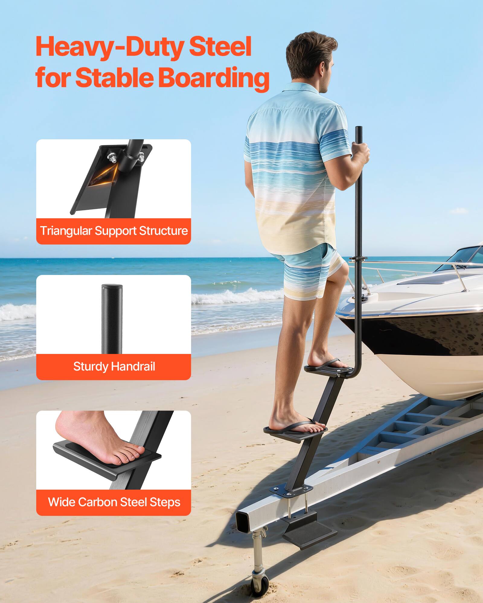 Heavy-Duty Steel for Stable Boarding  
Triangular Support Structure  
Sturdy Handrail  
Wide Carbon Steel Steps