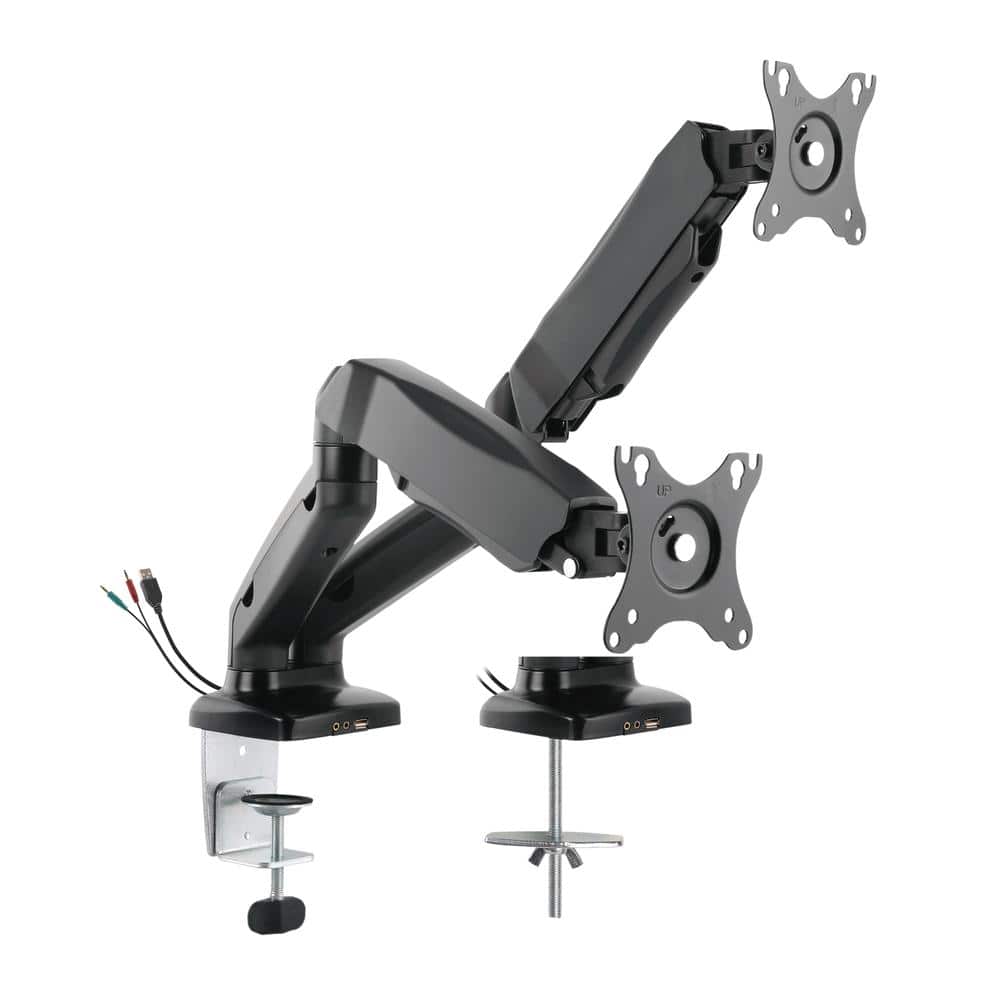 Rocelco - Double Monitor Desk Mount with USB 2.0 And Audio Port, Pneumatic Full Motion Assist Adjustable Arm, Grommet and C Clamp - Black