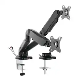Rocelco - Double Monitor Desk Mount with USB 2.0 And Audio Port, Pneumatic Full Motion Assist Adjustable Arm, Grommet and C Clamp - Black