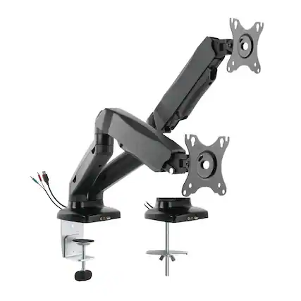 Front. Rocelco - Double Monitor Desk Mount with USB 2.0 And Audio Port, Pneumatic Full Motion Assist Adjustable Arm, Grommet and C Clamp - Black.