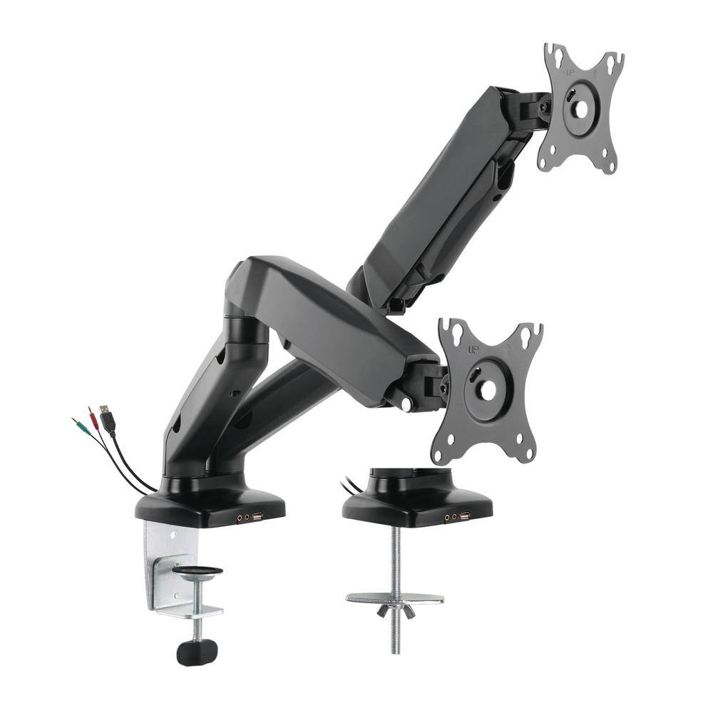 Front. Rocelco - Double Monitor Desk Mount with USB 2.0 And Audio Port, Pneumatic Full Motion Assist Adjustable Arm, Grommet and C Clamp - Black.