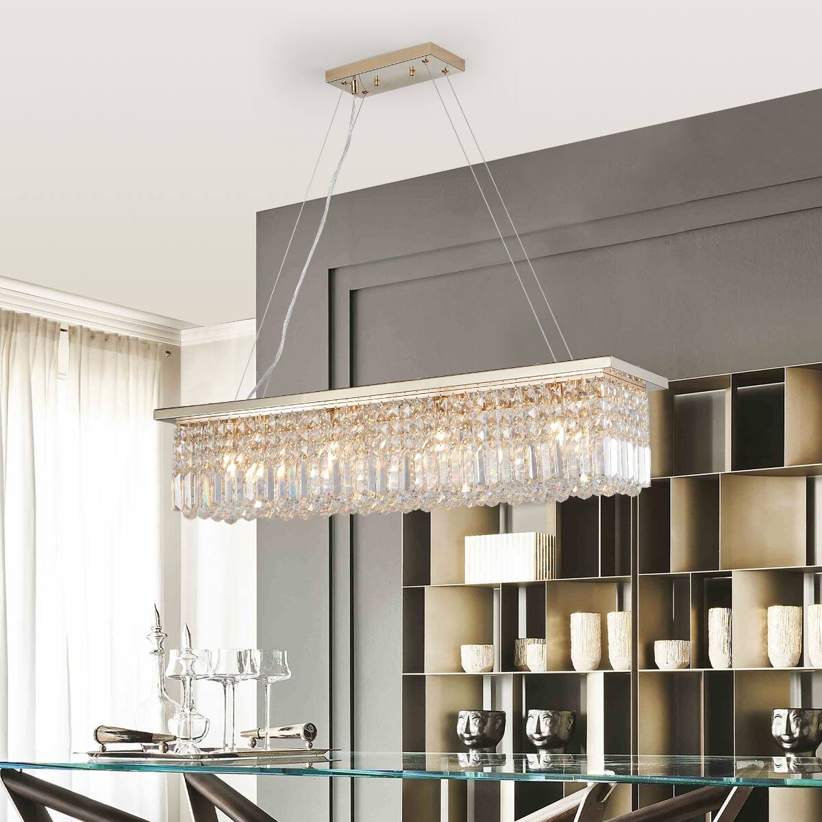 Angle. Loheer - Loheer Modern Eight Light Crystal Chandelier Gold Rectangular Pendant for Dining Room.