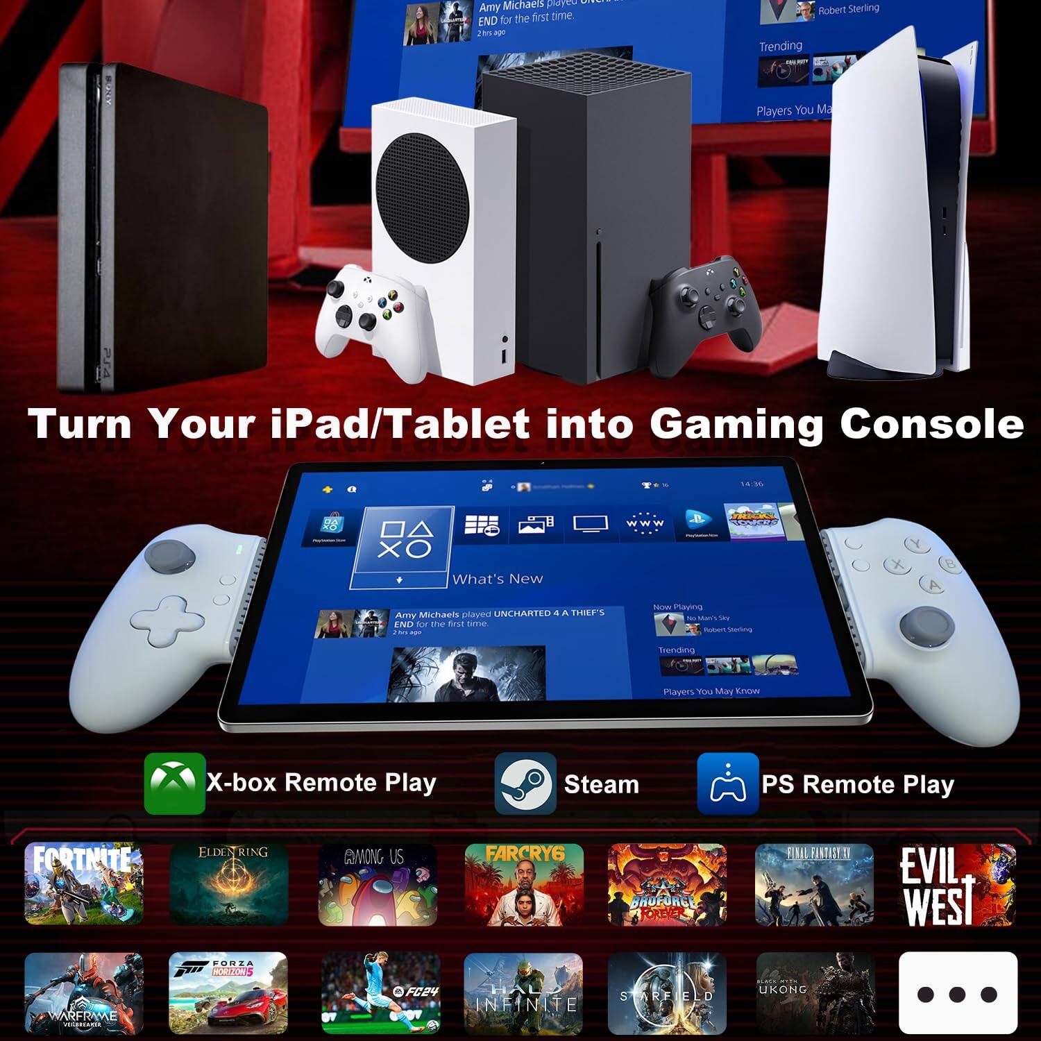 Sure, here is the corrected and grouped text from the image:

---

**Turn Your iPad/Tablet into Gaming Console**

- **Amy Michaels** played **UNCHARTED: A Thief's End** for the first time.
- **Robert Sterling** played **UNCHARTED: A Thief's End** for the first time.

**What's New**

- **X-box Remote Play**
- **Steam**
- **PS Remote Play**

**Trending**

- **FORTNITE**
- **ELDEN RING**
- **AMONG US**
- **FARCRY 6**
- **BROFORCE**
- **FORTNITE**
- **EVIL WEST**
- **HORIOWS**
- **FC24**
- **INFINITE**
- **UKONG**

**Players You May Know**

---

This text is organized to reflect the content and layout of the image.