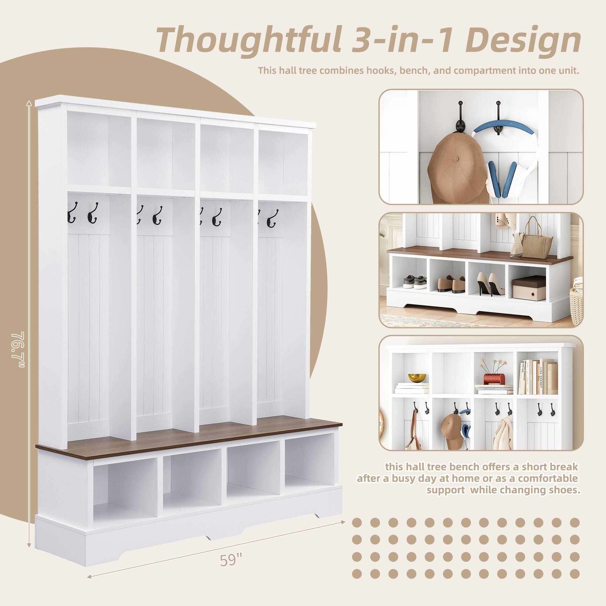 Thoughtful 3-in-1 Design  
This hall tree combines hooks, bench, and compartment into one unit.

This hall tree bench offers a short break after a busy day at home or as a comfortable support while changing shoes.

76.70"  
59"