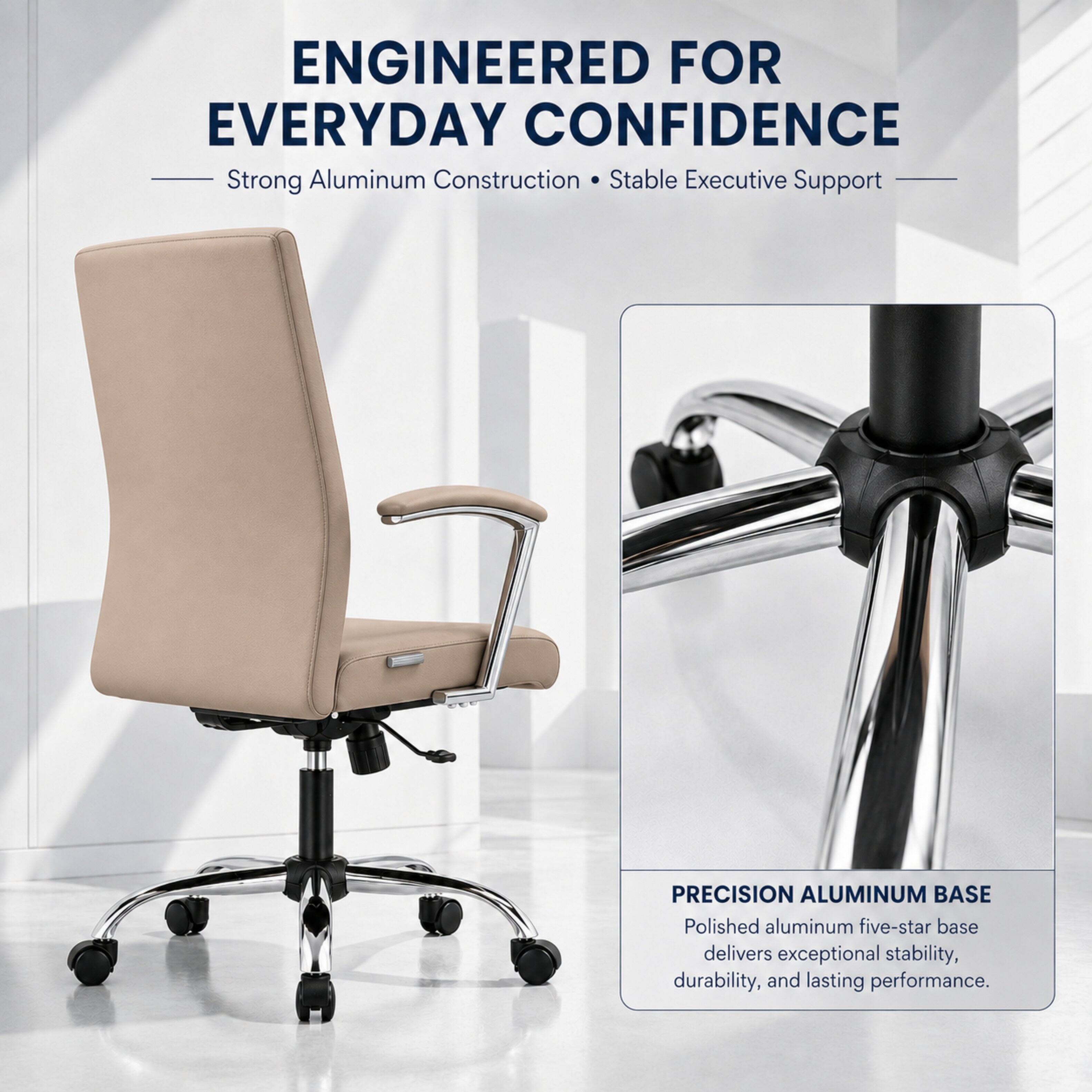 ENGINEERED FOR EVERYDAY CONFIDENCE  
Strong Aluminum Construction • Stable Executive Support  

PRECISION ALUMINUM BASE  
Polished aluminum five-star base delivers exceptional stability, durability, and lasting performance.