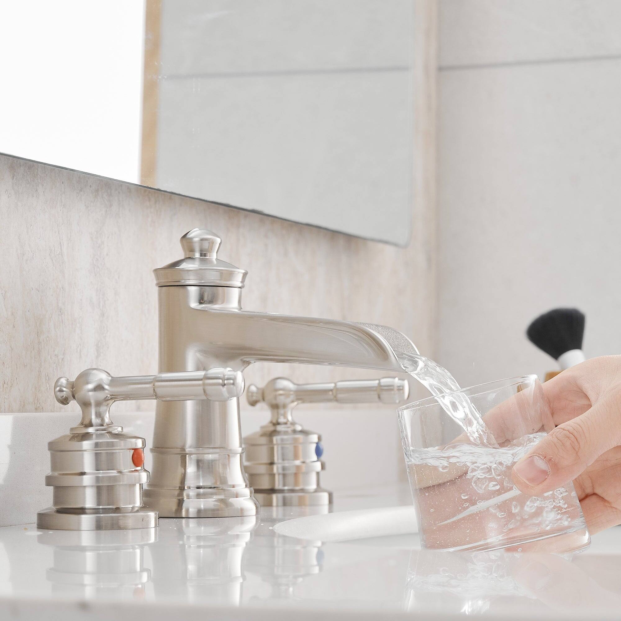 Alt View 5. Boyel Living - Classic 8 Inch Widespread Double Handle Brass Bathroom Faucet with Pop Up Drain and Water Supply Hoses in Brushed Nickel - Brushed Nickel.