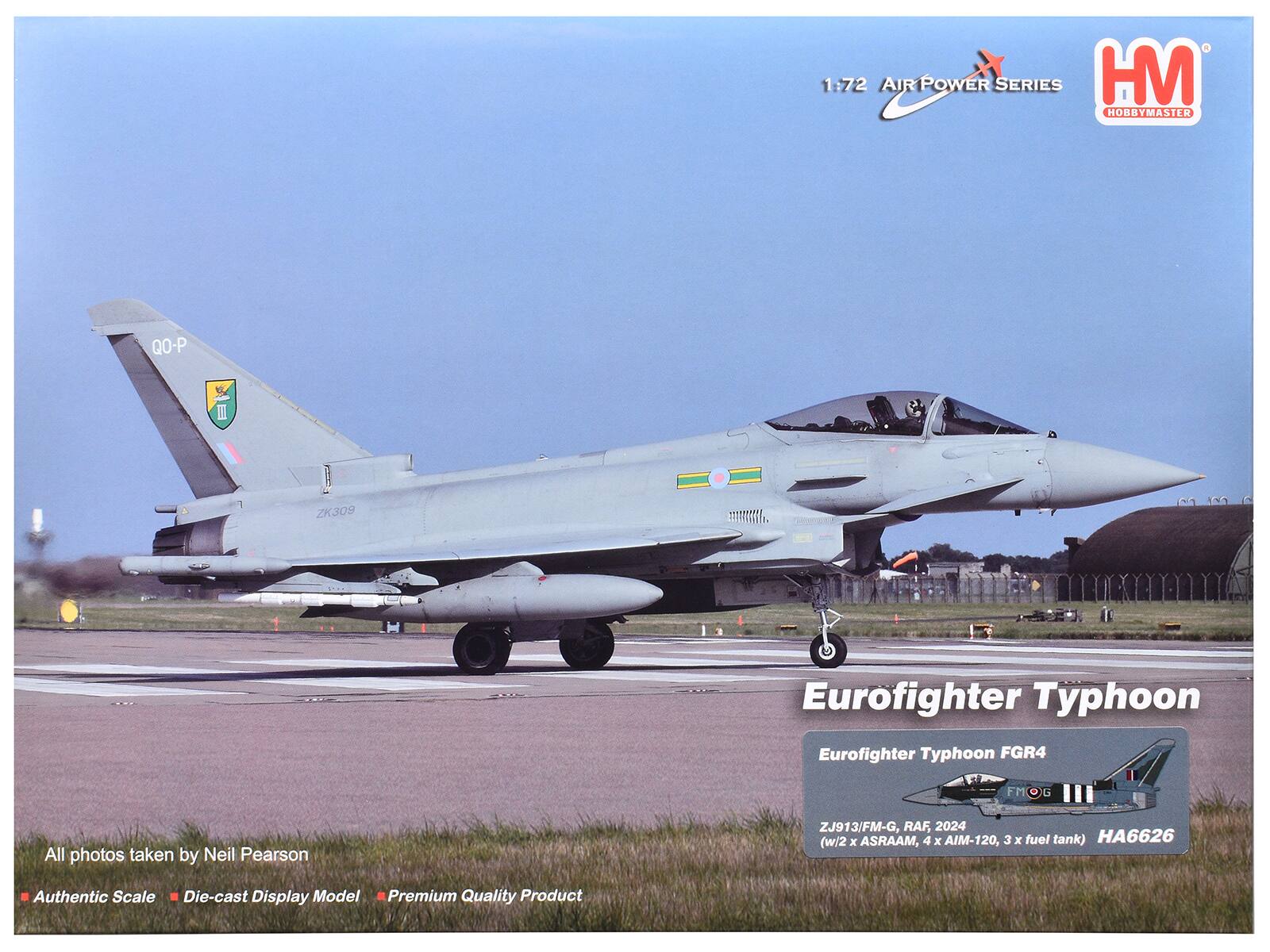 1:72 AIR POWER SERIES HM HOBBYMASTER QO-P 2K309 Eurofighter Typhoon Eurofighter Typhoon FGR4 FM FMOG G All photos taken by Neil Pearson ZJ913/FM-G, RAF, 2024 (w/2 x ASRAAM, 4 x AIM-120, 3 x fuel tank) HA6626 Authentic Scale Die-cast Display Model Premium Quality Product