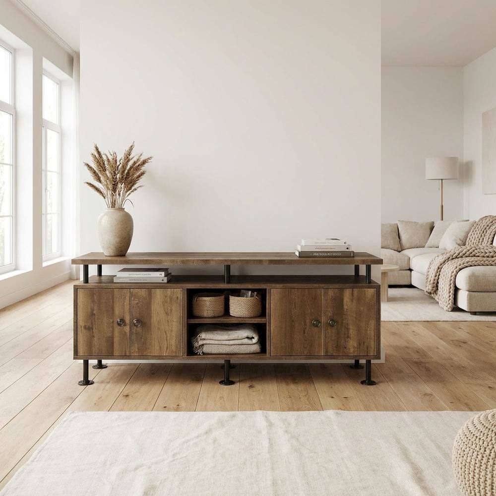 Alt View 2. FurniFact - Rustic Oak, Black Finish TV Stand, Industrial Style, Multi-Color Design - Brown.