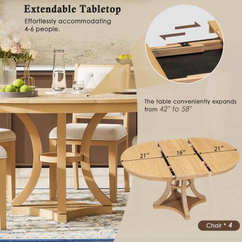 Extendable Tabletop  
Effortlessly accommodating 4-6 people.  
The table conveniently expands from 42" to 58"  
21" 16" 21"  
Chair * 4