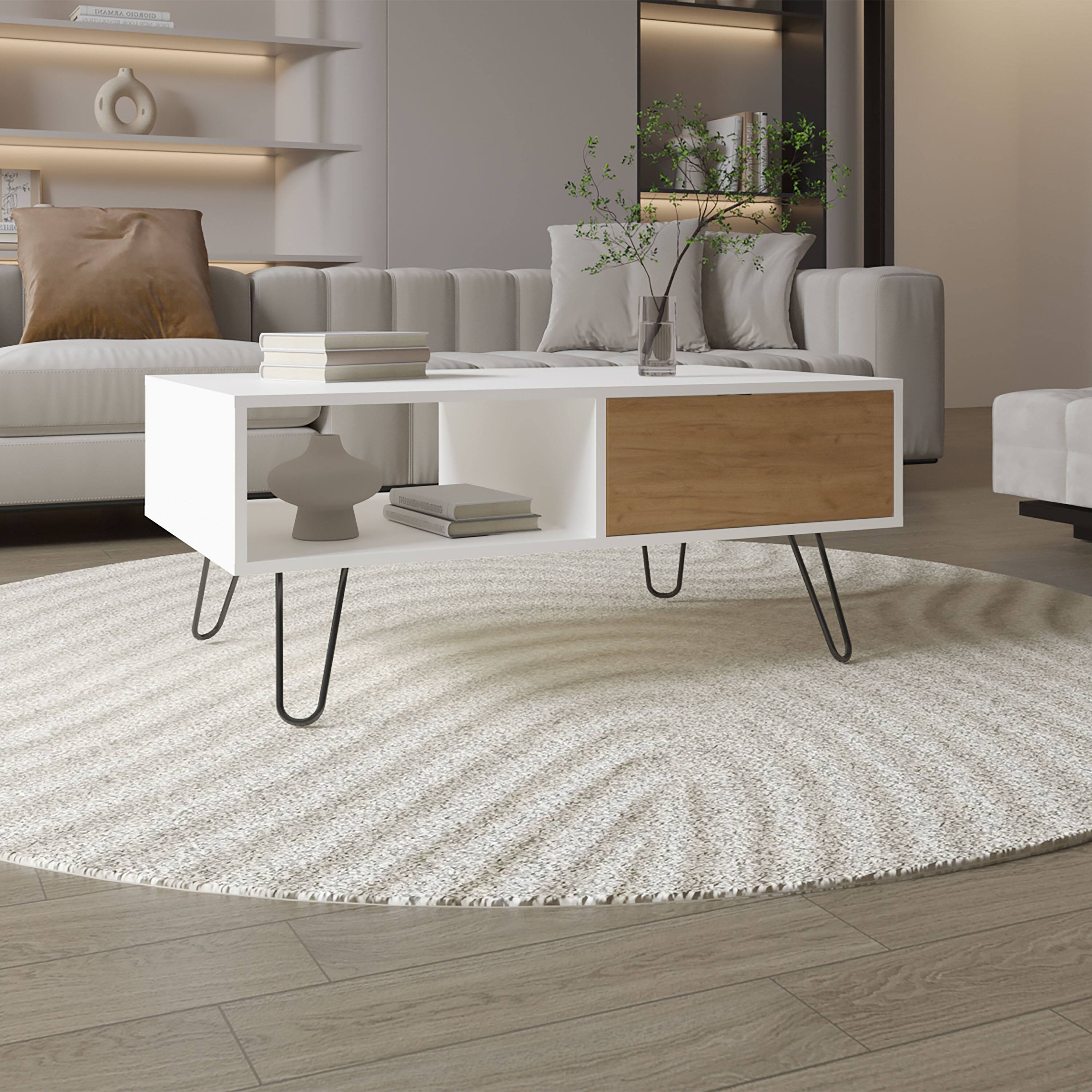 Angle. TuHome - Tori Wide Coffee Table with One Drawer, One Shelf, Rectangular, Living Room and Home - Natural Oak - White.