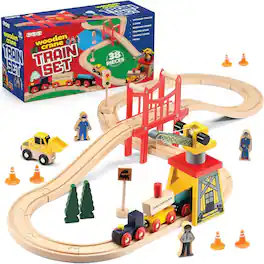 Play22 - 38 Pcs Wood Train Track Set for Toddlers 2-4 Years with Crane, Bridge & Accessories - Compatible with All Major Brands
