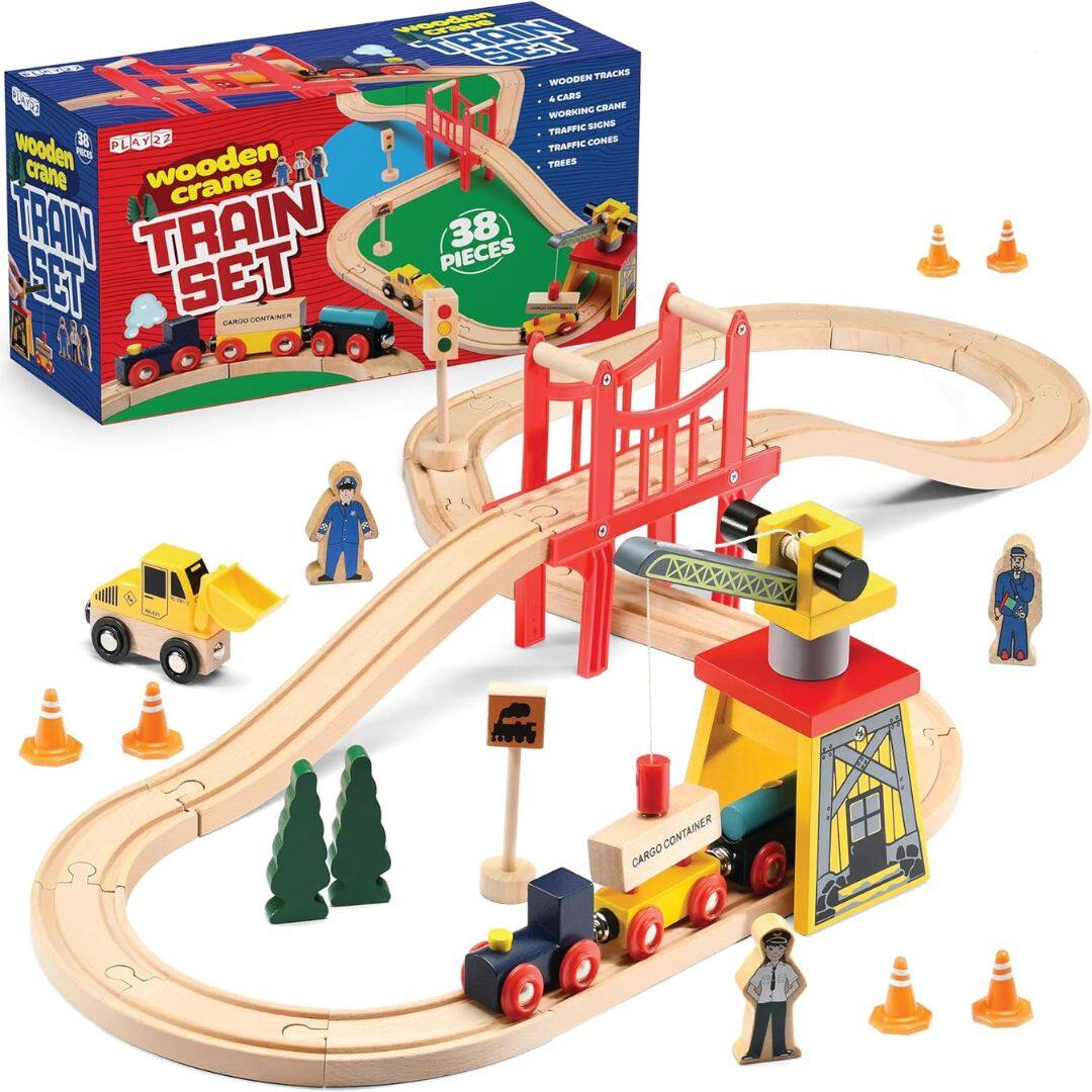 Play22 - 38 Pcs Wood Train Track Set for Toddlers 2-4 Years with Crane, Bridge & Accessories - Compatible with All Major Brands