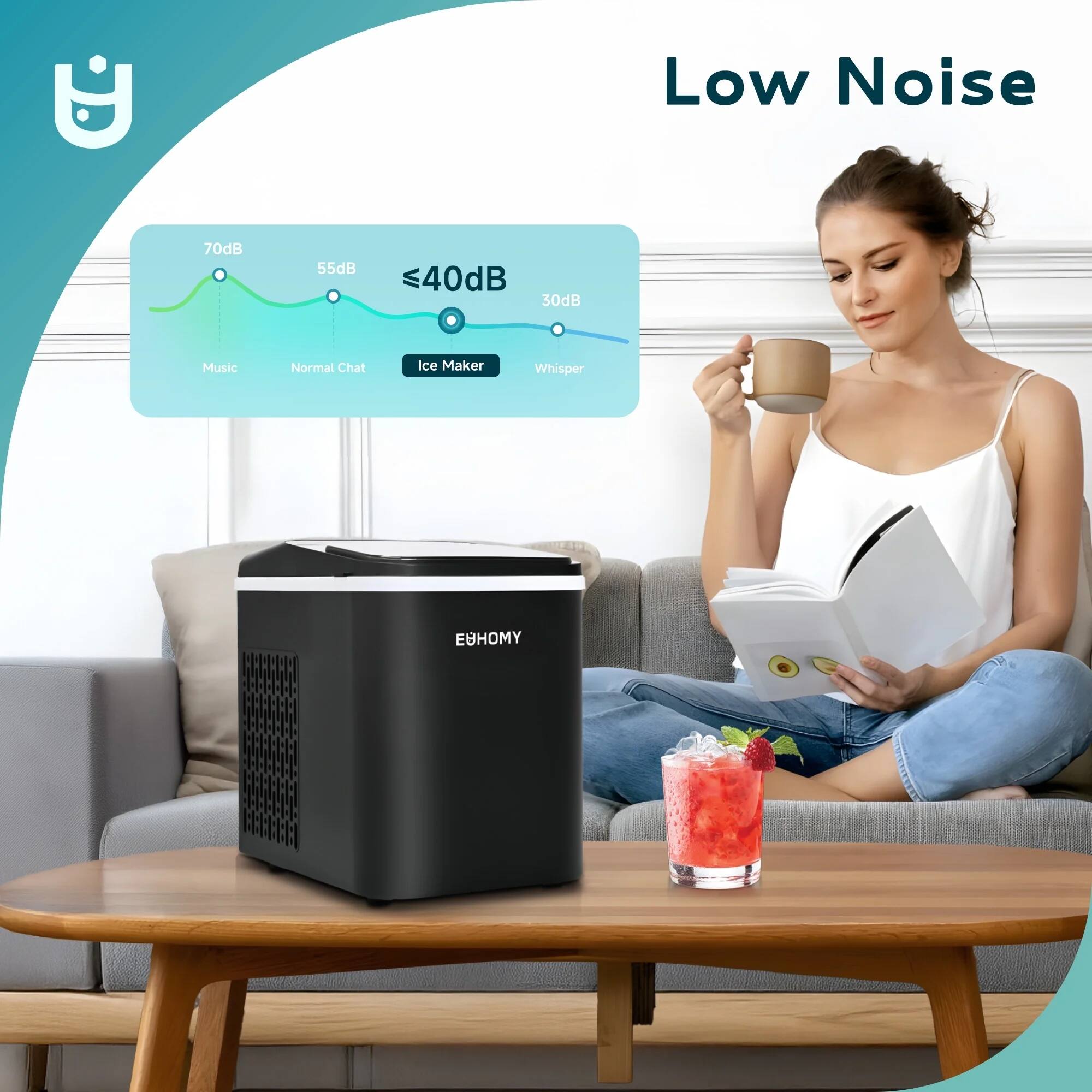 Low Noise

70dB - Music  
55dB - Normal Chat  
≤40dB - Ice Maker  
30dB - Whisper  

Euhomy
