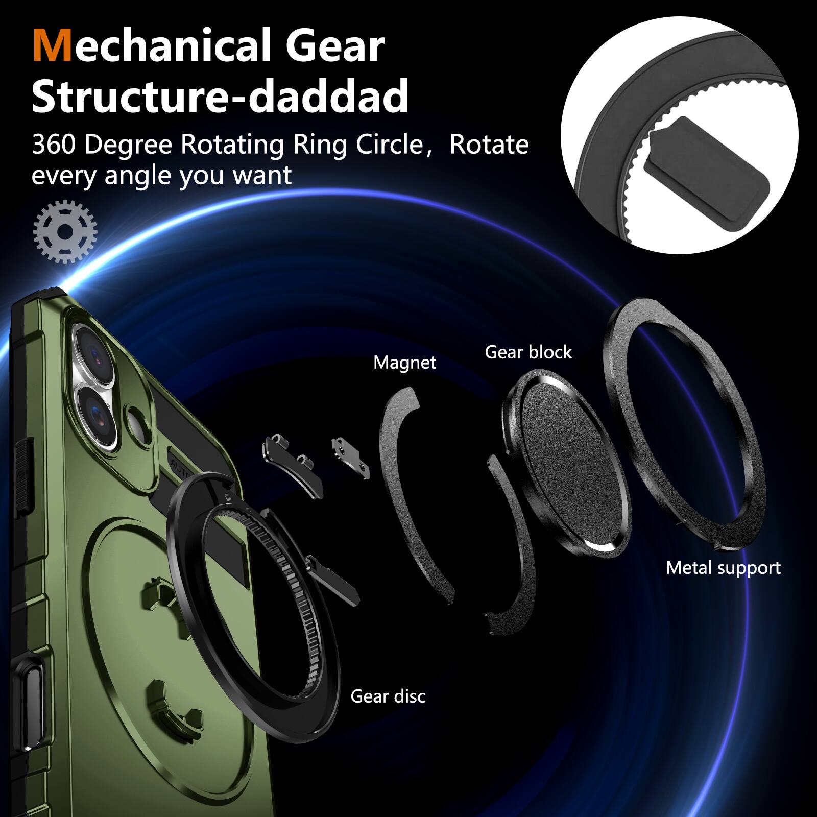 Mechanical Gear Structure-daddad  
360 Degree Rotating Ring Circle, Rotate every angle you want  

- Magnet  
- Gear block  
- Metal support  
- Gear disc