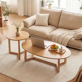 Costway - Nesting Coffee Table Set of 2 Oval Accent Table & Round Sofa Side Table - Natural-Set of 2