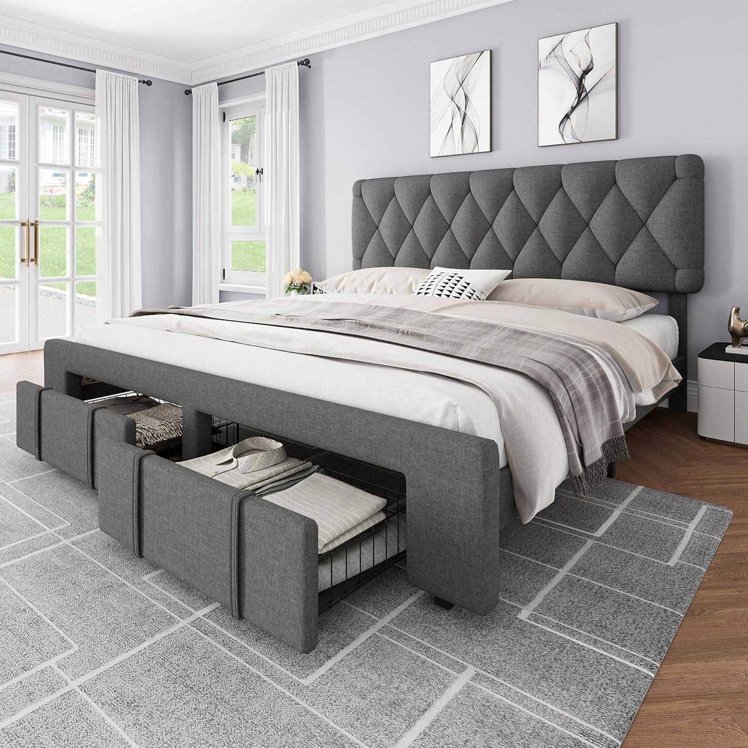 Front. Babevy - Upholstered Storage Bed Frame with Drawers, Platform Bed with Solid Wood Slats, No Box Spring Needed - Gray.