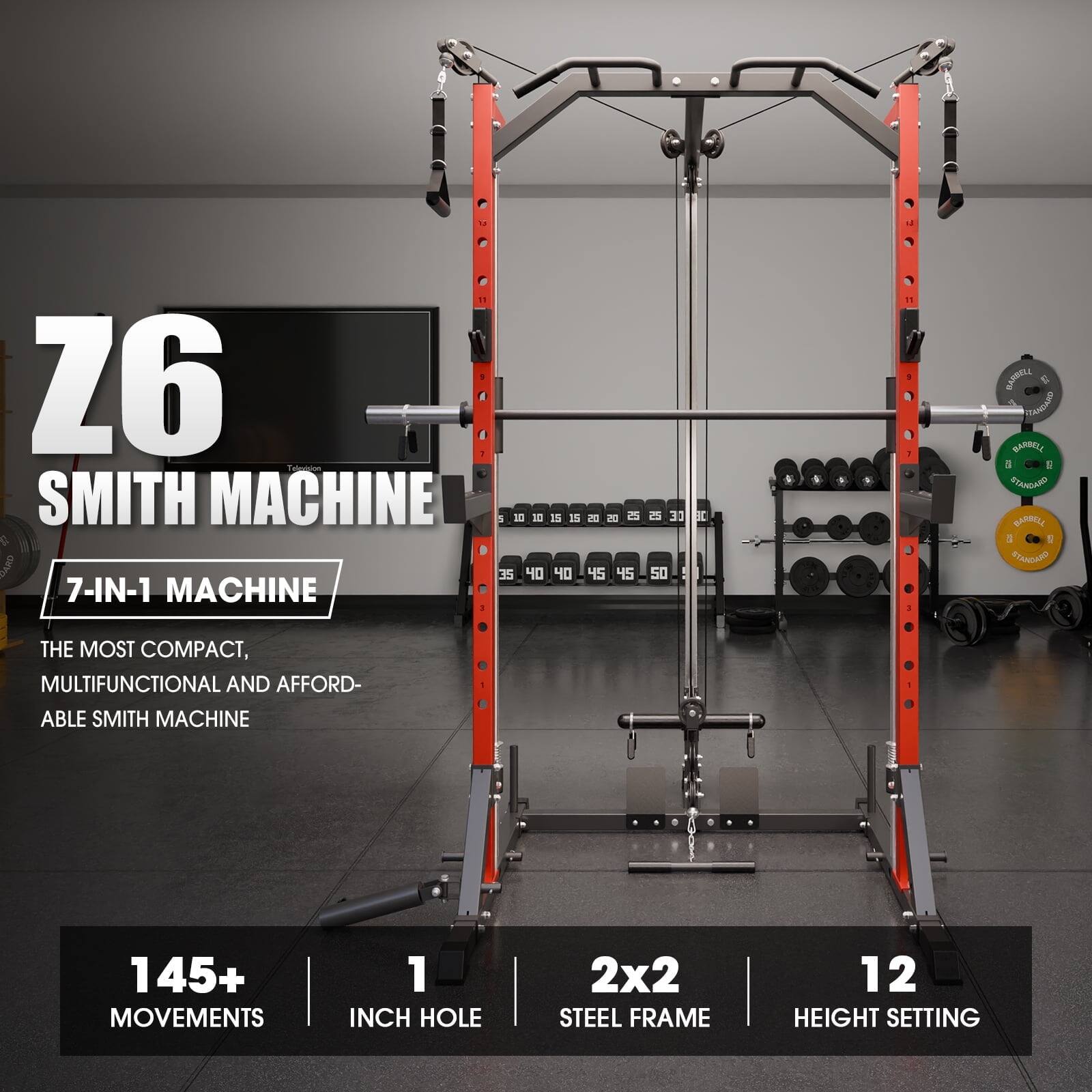 Z6 SMITH MACHINE  
7-IN-1 MACHINE  
THE MOST COMPACT, MULTIFUNCTIONAL AND AFFORDABLE SMITH MACHINE  
145+ MOVEMENTS  
1 INCH HOLE  
2x2 STEEL FRAME  
12 HEIGHT SETTING
