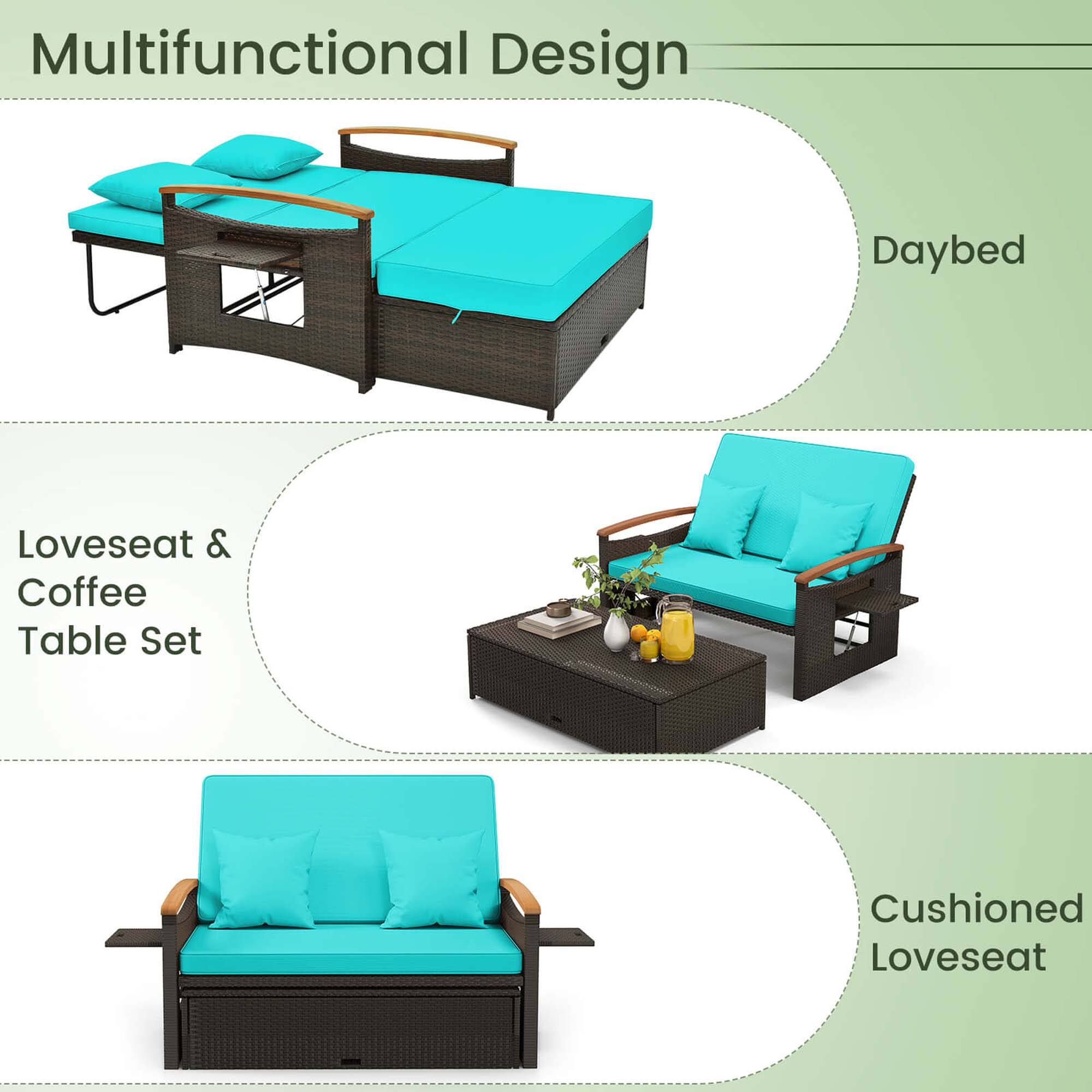 Multifunctional Design: Daybed, Loveseat & Coffee Table Set. Cushioned Loveseat.