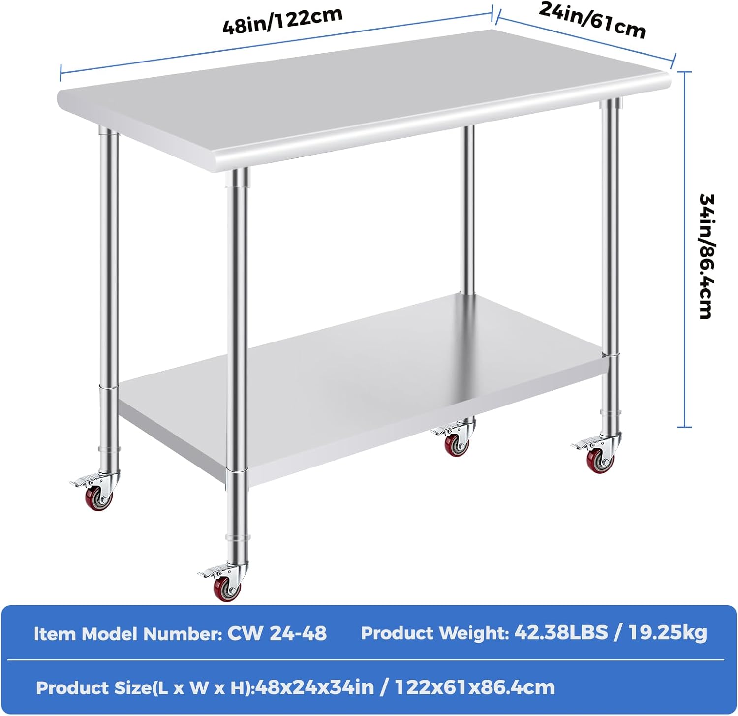 48in/122cm  
24in/61cm  
34in/86.4cm  

Item Model Number: CW 24-48  
Product Weight: 42.38LBS / 19.25kg  
Product Size(L x W x H): 48x24x34in / 122x61x86.4cm