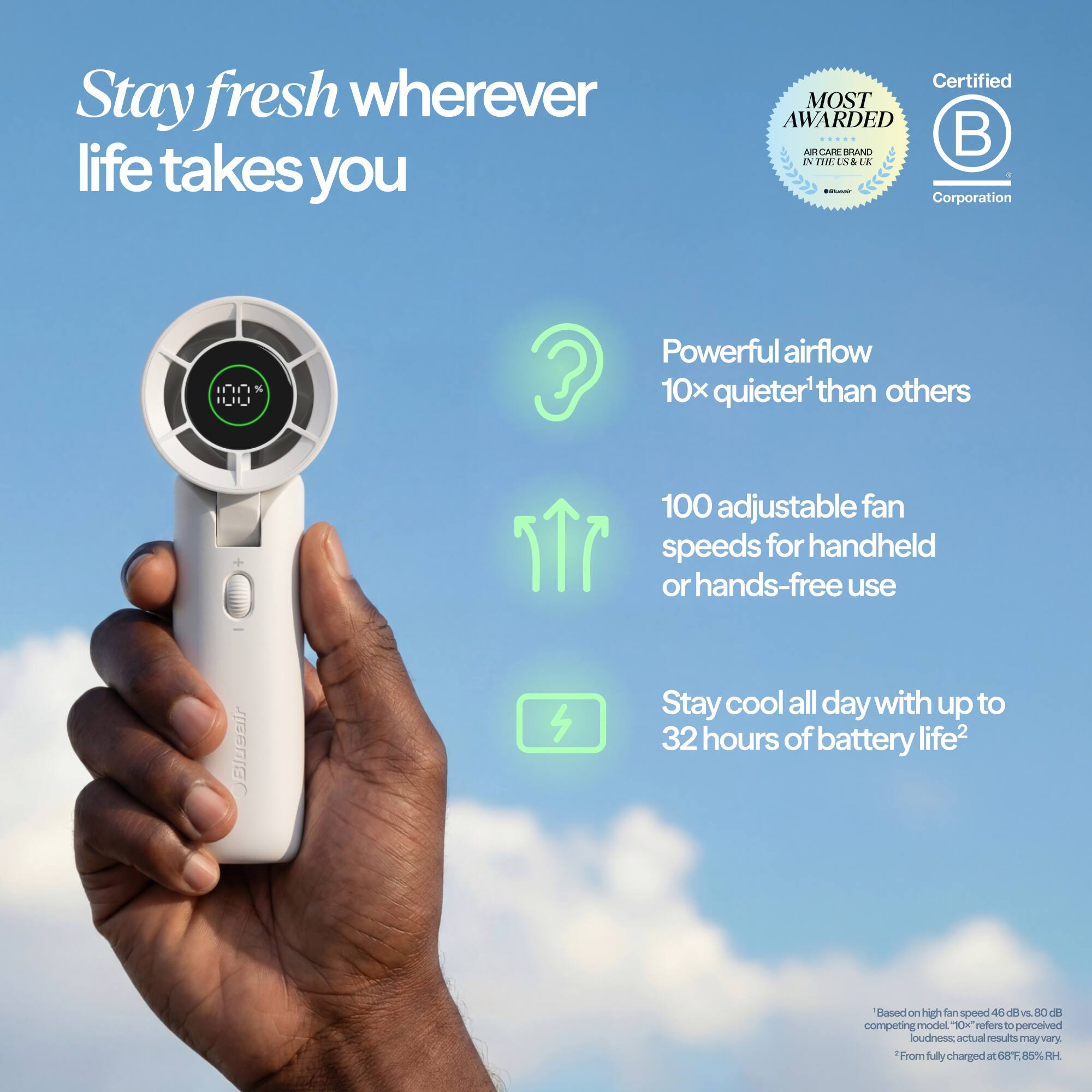 Stay fresh wherever life takes you

Certified MOST AWARDED J CARLBRAND JA TH IN&ER LNA A - Corporation

Powerful airflow 10x quieter than others

100 adjustable fan speeds for handheld or hands-free use

Stay cool all day with up to 32 hours of battery life

Based on high fan speed 46 dB vs. 80 dB competing model "10K" refers to perceived loudness: actual results may vary

From fully charged at 68°F, 85% RH