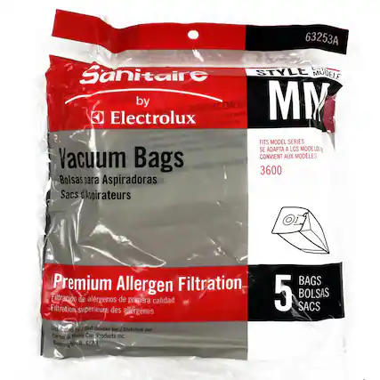 Sure, here is the corrected and grouped text from the image:
---
**Sanitaire by Electrolux**
**Vacuum Bags**
Bolsas para Aspiradoras
Sacs d'Aspirateurs
**Premium Allergen Filtration**
Filtración de alérgenos de primera calidad
Filtration supérieure des allergènes
**5 Bags**
5 Bolsas
5 Sacs
**Style MM**
FITS MODEL SERIES
SE ADAPTA A LOS MODELOS
CONVIENT AUX MODÈLES
3600
Distributed by / Distribuidas por / Distribué par
Electrolux Home Care Products Inc.
Bloomington, IL 61701
**63253A**
---