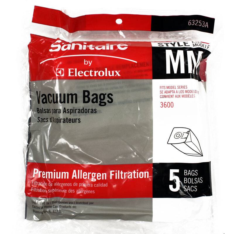 Sure, here is the corrected and grouped text from the image:

---

**Sanitaire by Electrolux**

**Vacuum Bags**  
Bolsas para Aspiradoras  
Sacs d'Aspirateurs

**Premium Allergen Filtration**  
Filtración de alérgenos de primera calidad  
Filtration supérieure des allergènes

**5 Bags**  
5 Bolsas  
5 Sacs

**Style MM**  
FITS MODEL SERIES  
SE ADAPTA A LOS MODELOS  
CONVIENT AUX MODÈLES  
3600

Distributed by / Distribuidas por / Distribué par  
Electrolux Home Care Products Inc.  
Bloomington, IL 61701

**63253A**

---