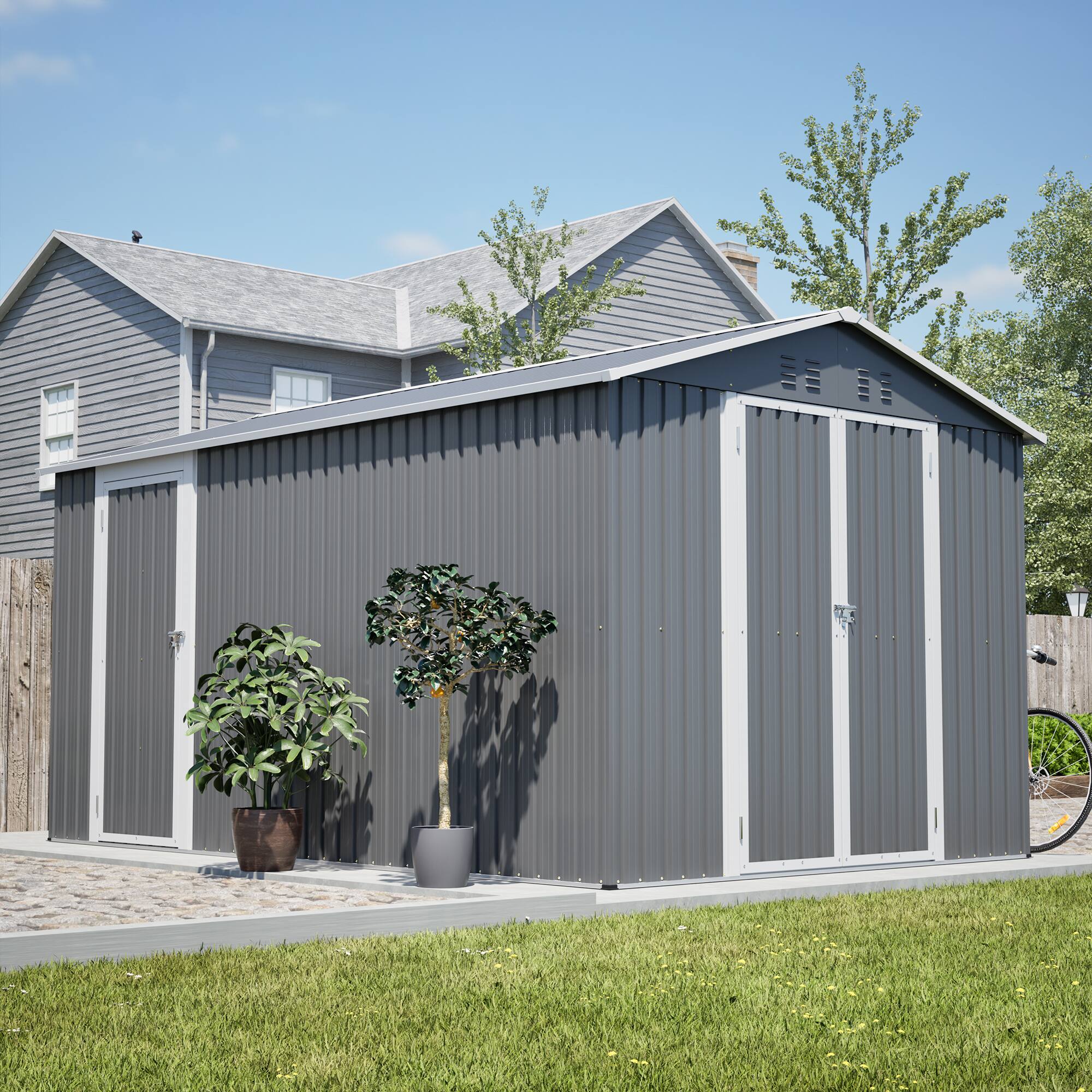Angle. Lirago - 8x12 FT Outdoor Storage Shed All-Weather Metal Shed with Lockable Doors - Gray.