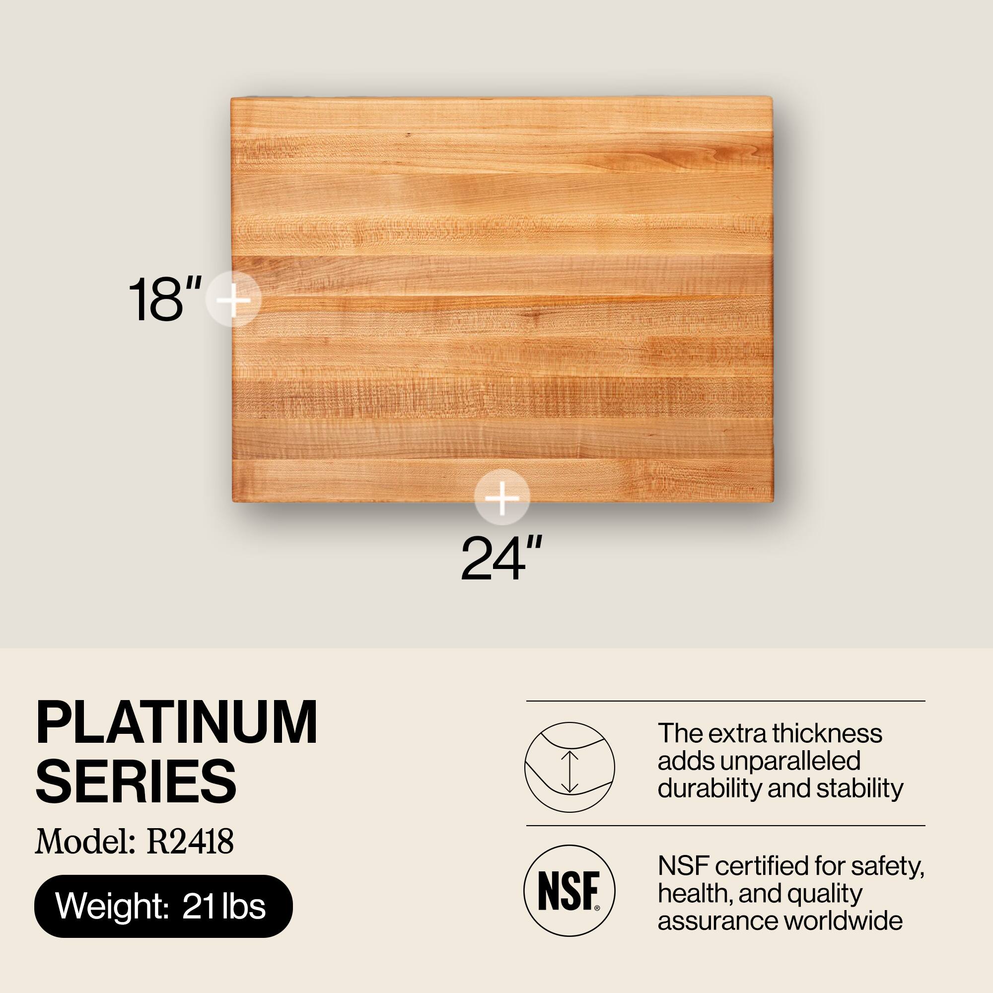 18" x 24" PLATINUM SERIES  
Model: R2418  
Weight: 21 lbs  

The extra thickness adds unparalleled durability and stability  
NSF certified for safety, health, and quality assurance worldwide