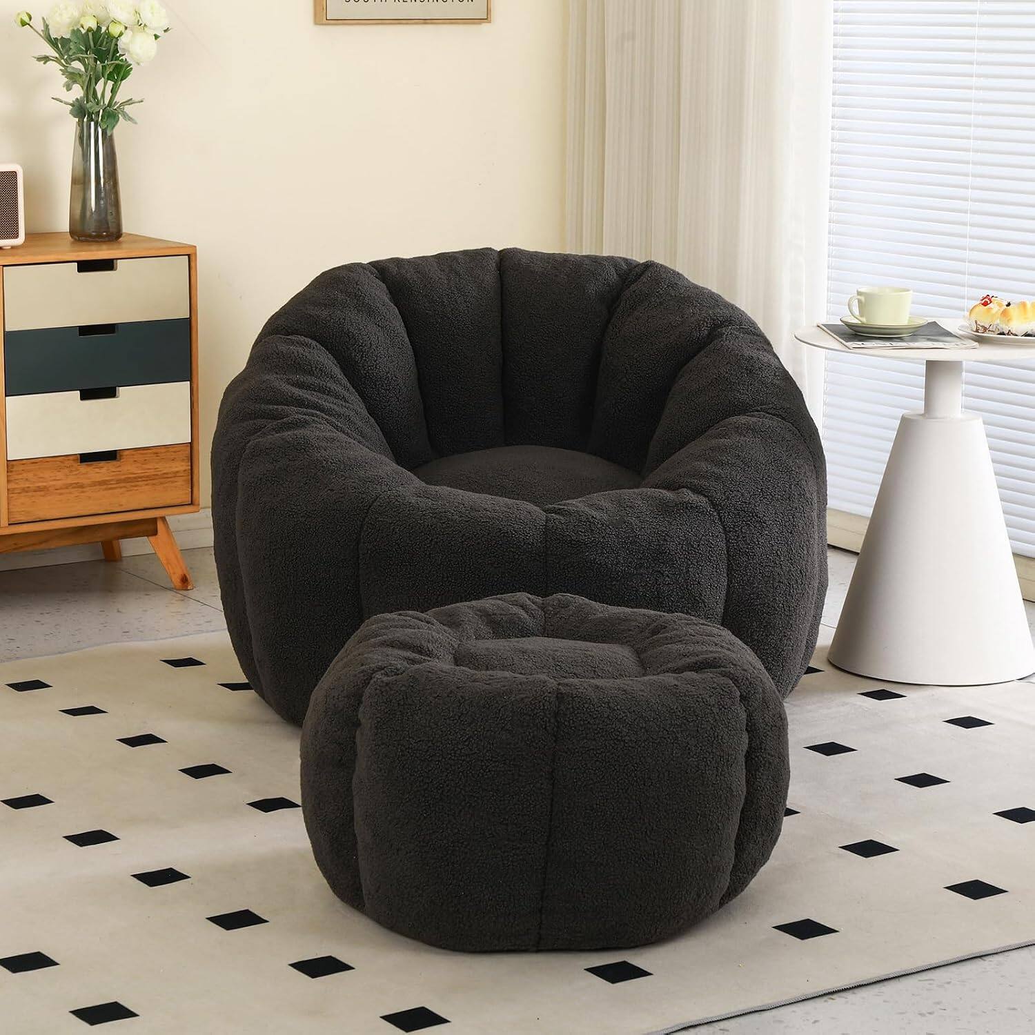 Alt View 3. Trinkets Crazed - Tufted Teddy Plush Bean Bag Chair & Footrest Ottoman, Oversized Comfy Lounge Sofa - dark gray.